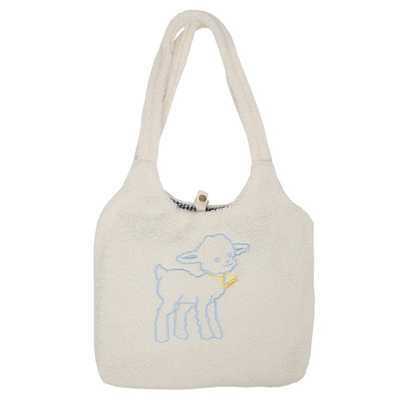 Women Lamb Like Fabric Shoulder Bag Simple Canvas Handbag Tote Large Capacity Embroidery Shopping Bag Cute Book Bags For Girls — image 3