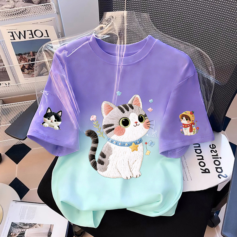 Girls' Short Sleeve T-Shirt Cat Print Casual Top — image 11