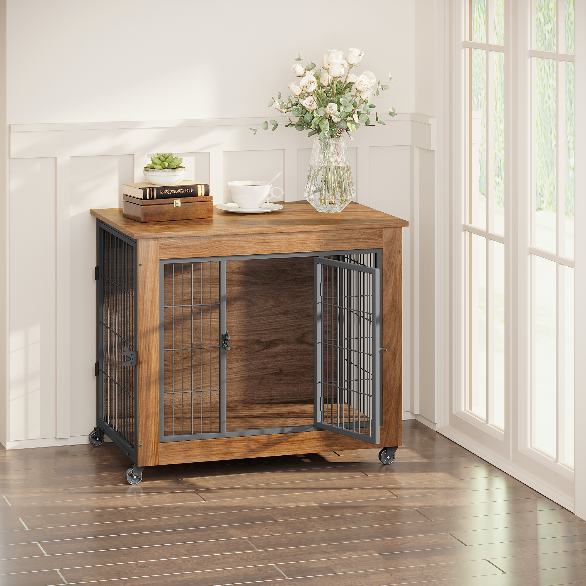 32.5 Dog Crate Furniture With Wheels For Small Dogs, Heavy Duty Dog Kennel Indoor With 2 Doors, Wooden Pet Cage End Table, Double-Doors Sturdy Metal Dog Cage For Anxiety Dog — imagen 2