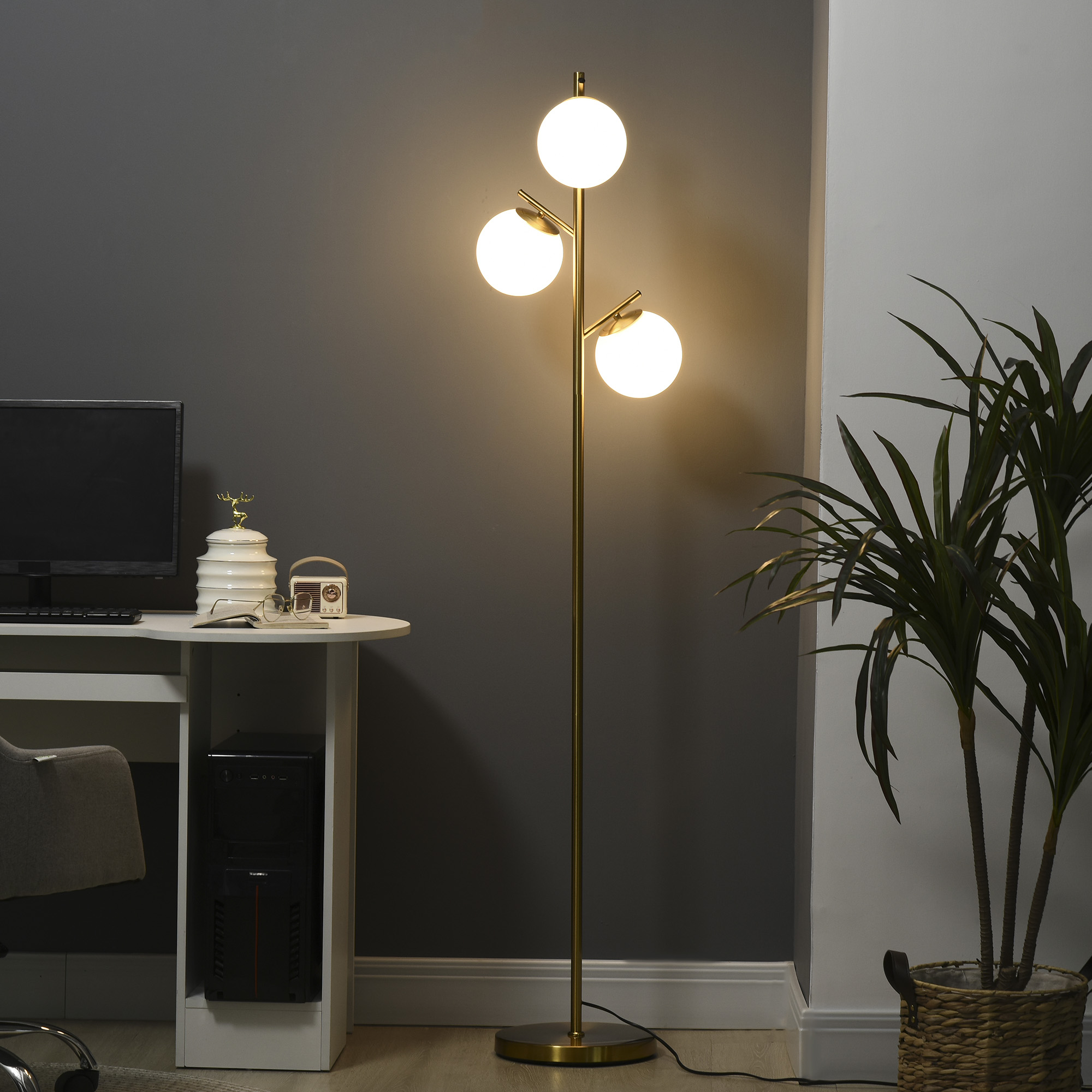Modern 3-Light Floor Lamp for Living Room, Tree Standing Lamp with Globe Lampshades, 10.75"x10.75"x66.5", Gold — image 6