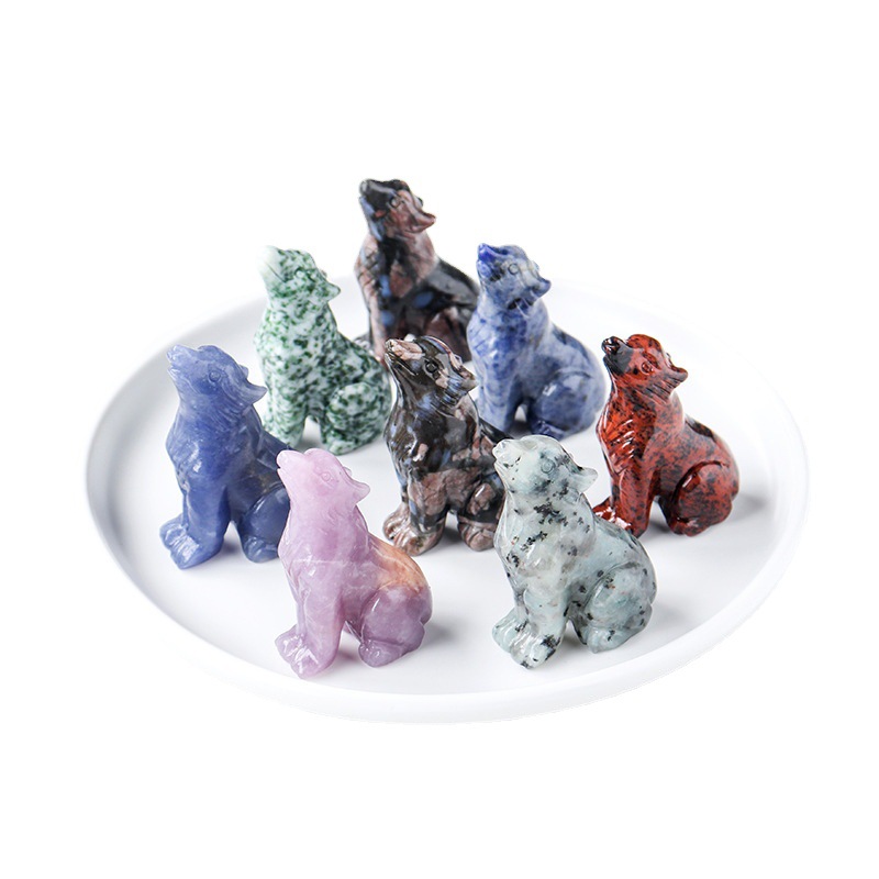 Natural crystal wolf cub carving piece, crystal animal raw stone, mineral specimen, home decoration ornament — image 1