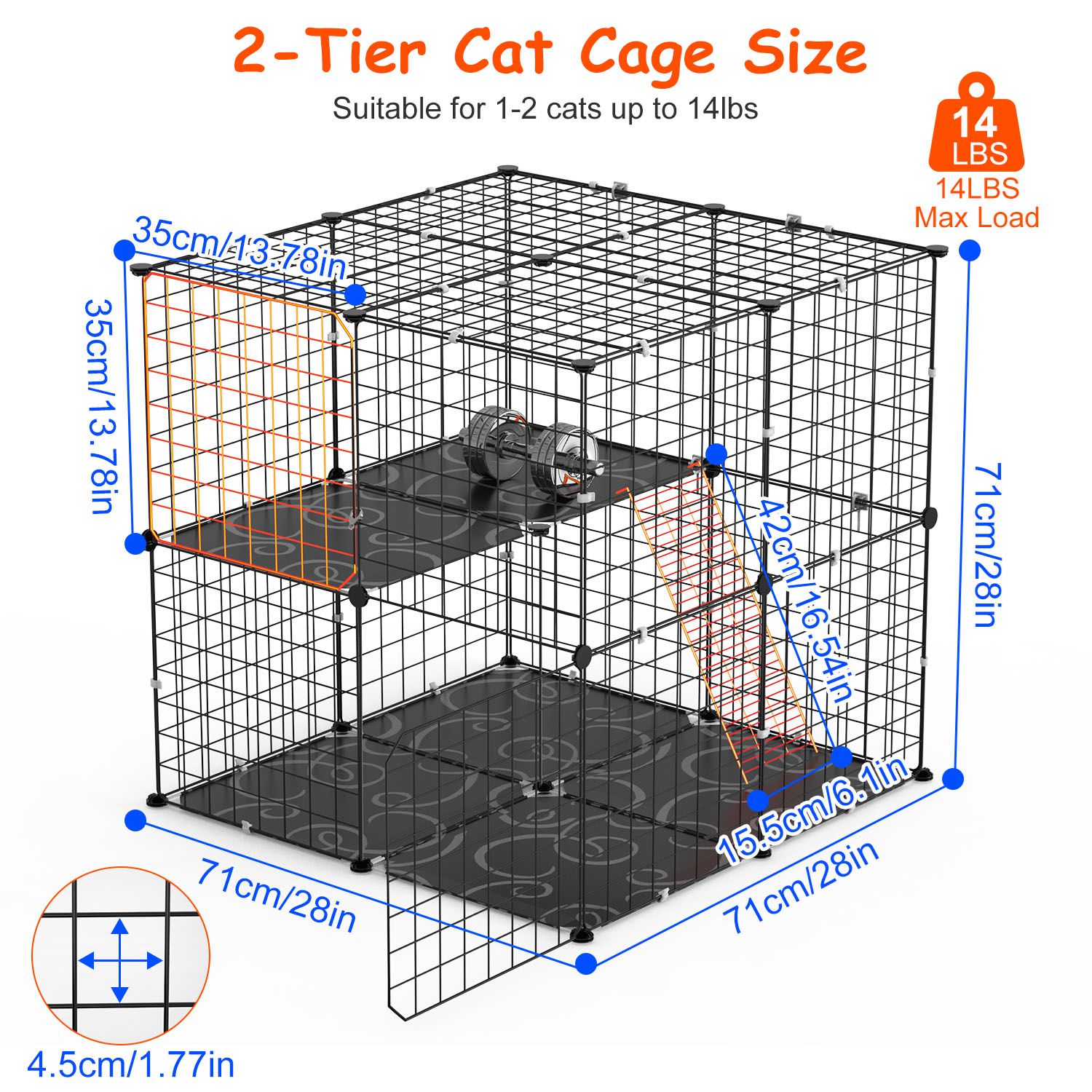 Jaula/Parque para Gatos de 2 Niveles, Recinto para Mascotas de Interior, Casa Jaula para Gatitos Desmontable con Escalera para Trepar, 2 Puertas, para 1 a 2 Gatos, Hurones, Ardillas y Otros Animales Pequeños — imagen 4