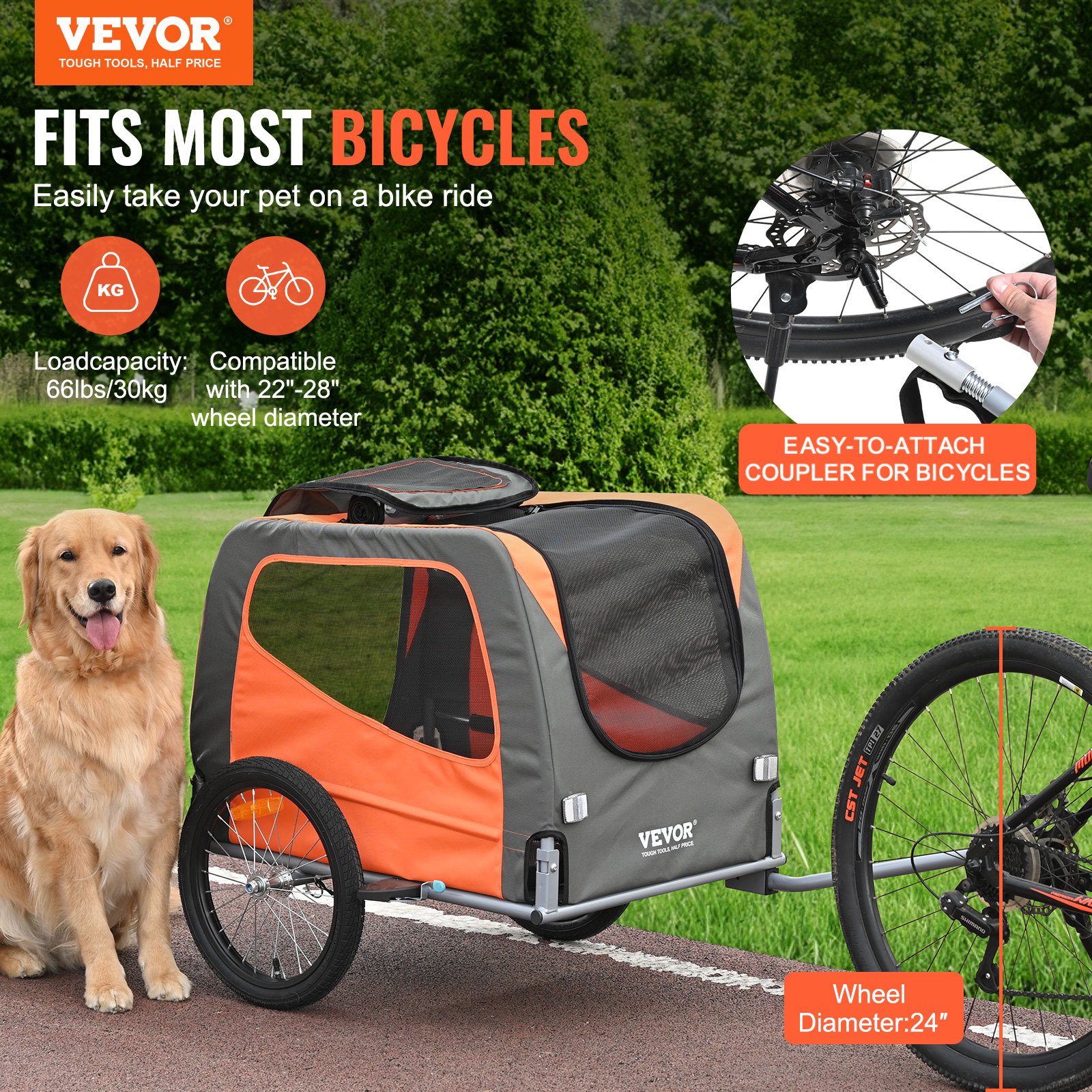Dog Bike Trailer, Supports Up To 66 Lbs, Pet Cart Bicycle Carrier, Easy Folding Frame With Quick Release Wheels, Universal Bicycle Coupler, Reflectors, Flag, Collapsible To Store, Orange/Gray — image 3
