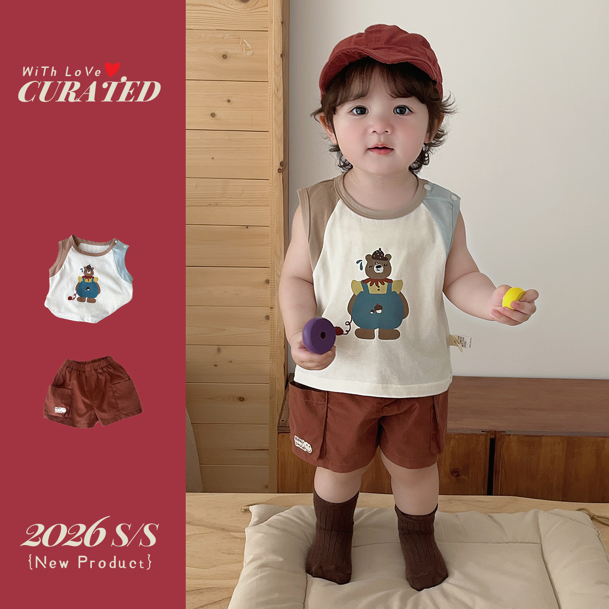 Boy's Stylish Two-Piece Set, Cartoon Bear Sleeveless Color-Block T-Shirt — image 5