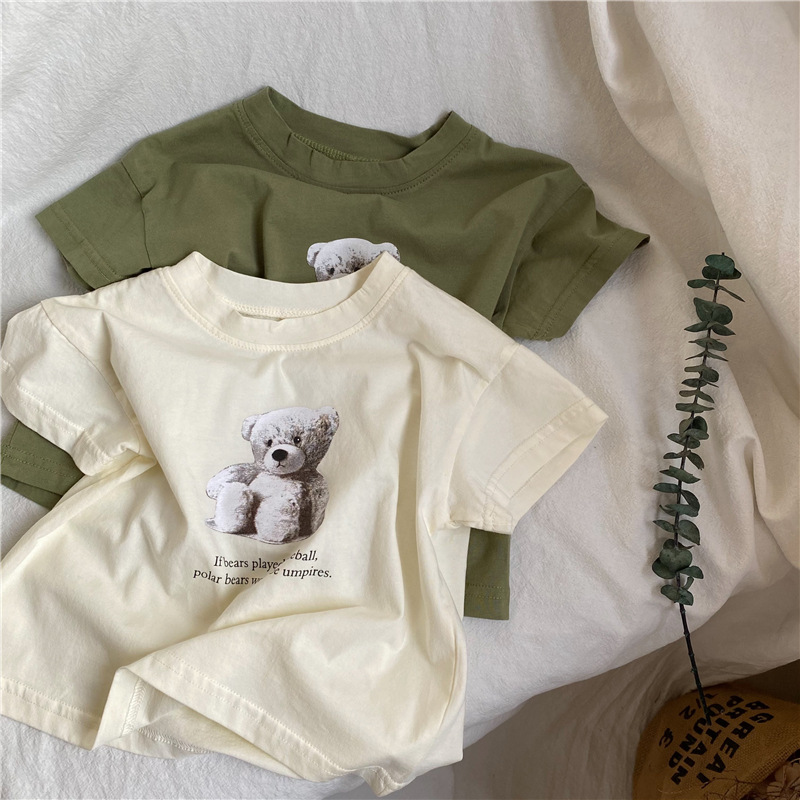 Round neck cartoon teddy bear printed short sleeved T-shirt — image 1