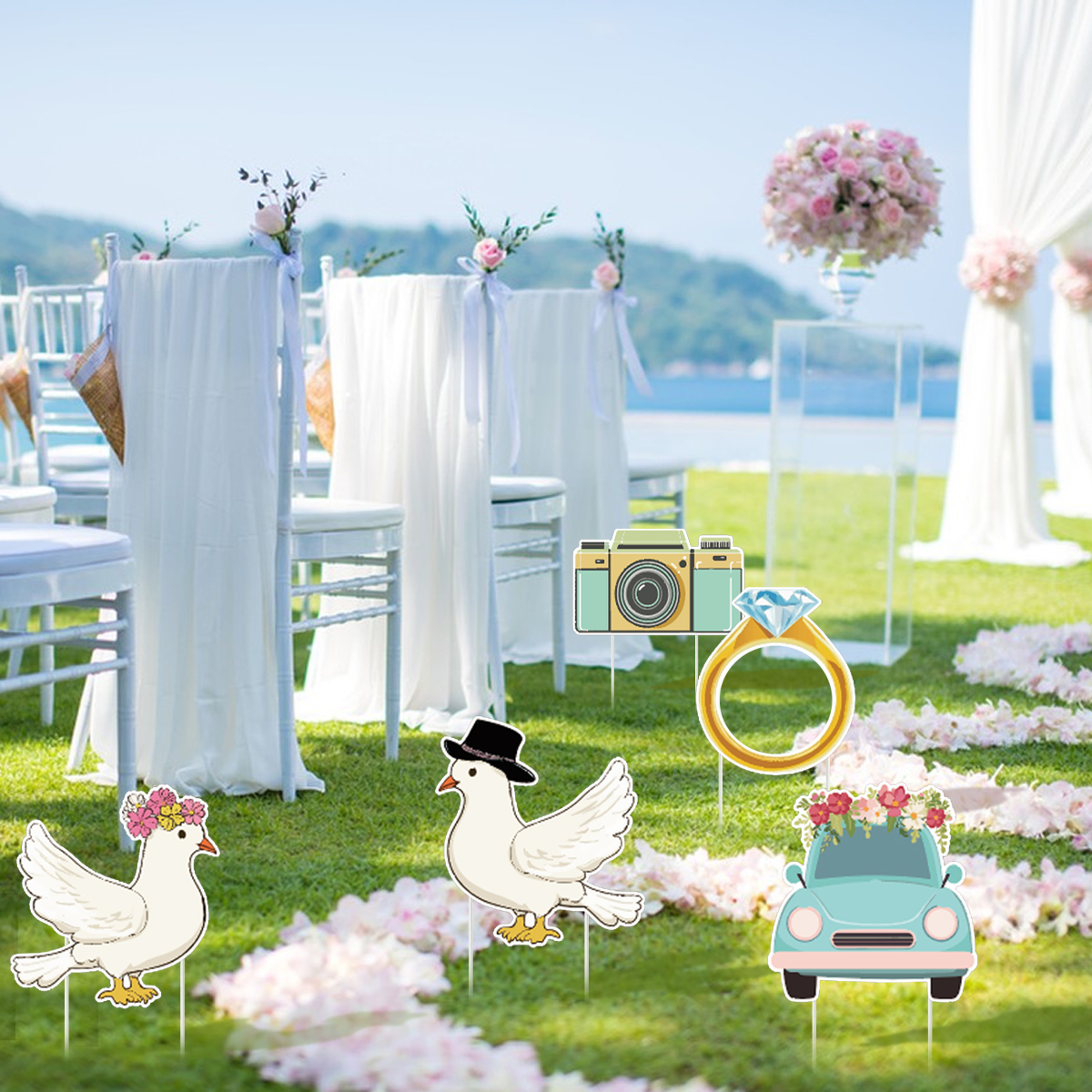 5 Piezas de Letreros de Jardín para Fiesta de Bodas con Estacas, Diseño de Paloma, Anillo y Cámara, Decoración de Camino, Letrero de Bienvenida de Plástico para Recepción, Grandes Accesorios de Fondo para Photo Booth de Despedida de Soltera, para Bodas P — imagen 10