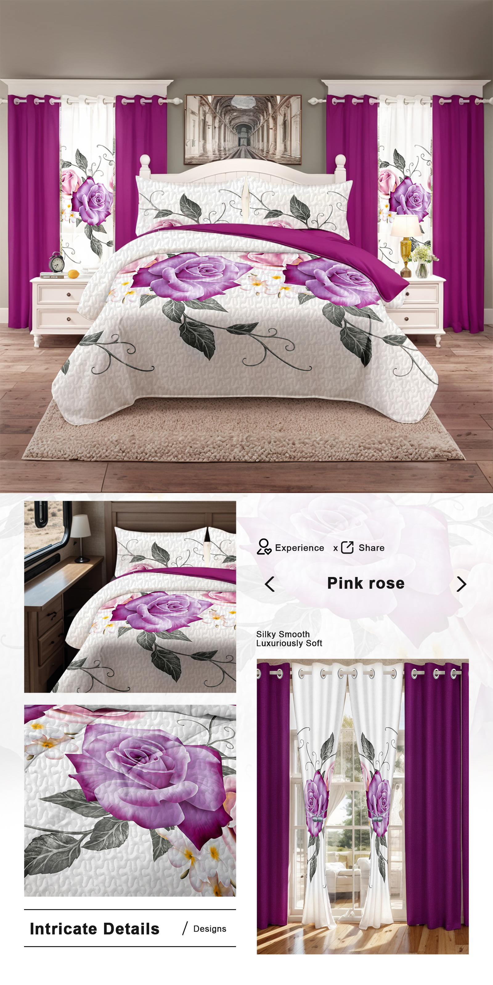 Set de Edredón y Cortinas de 9 Piezas 'Habitación en una Bolsa', Diseño Americano con Estampado Floral de Rosas Magenta y Morado Intenso, Colcha Gruesa con 6 Paneles de Cortina Personalizables, Apto para Mascotas de Alto Gramaje — imagen 2