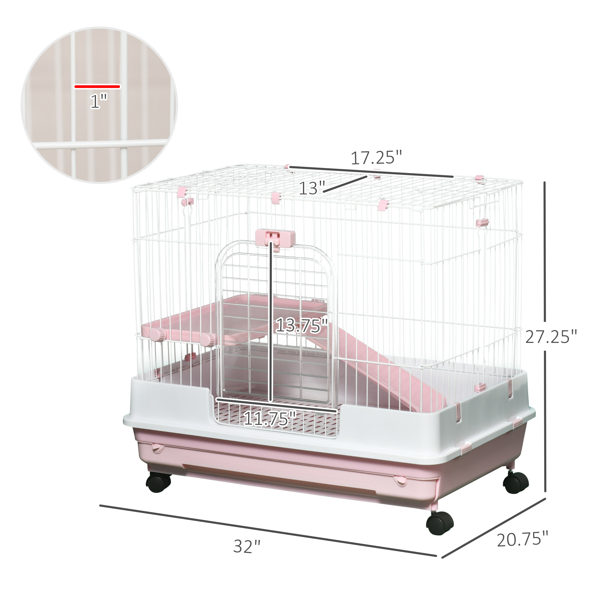 2-Level Small Animal Cage Rabbit Hutch with Wheels, Removable Tray, Platform and Ramp for Bunny, Chinchillas, Ferret, Pink — imagen 2