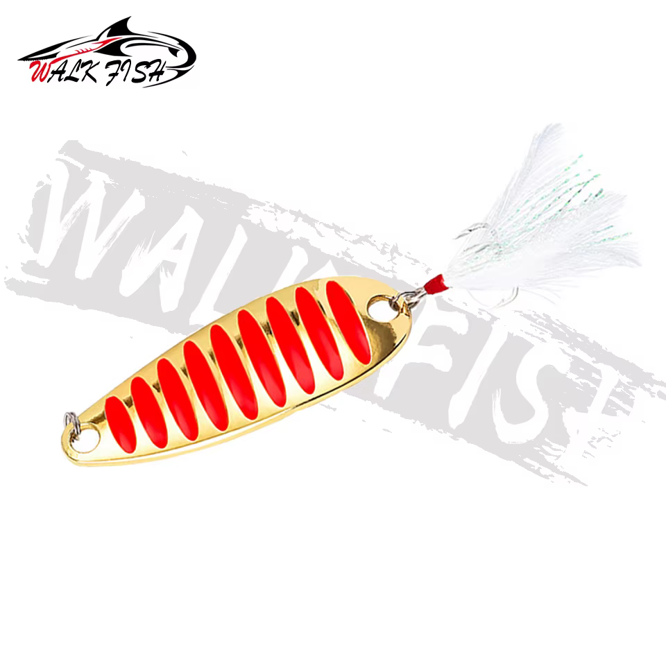 Cuchara de pesca WALK FISH - Linternas de pesca metálicas pesadas 5g/7g/10g/15g/20g/30g en oro y plata con atracones de pluma — imagen 2