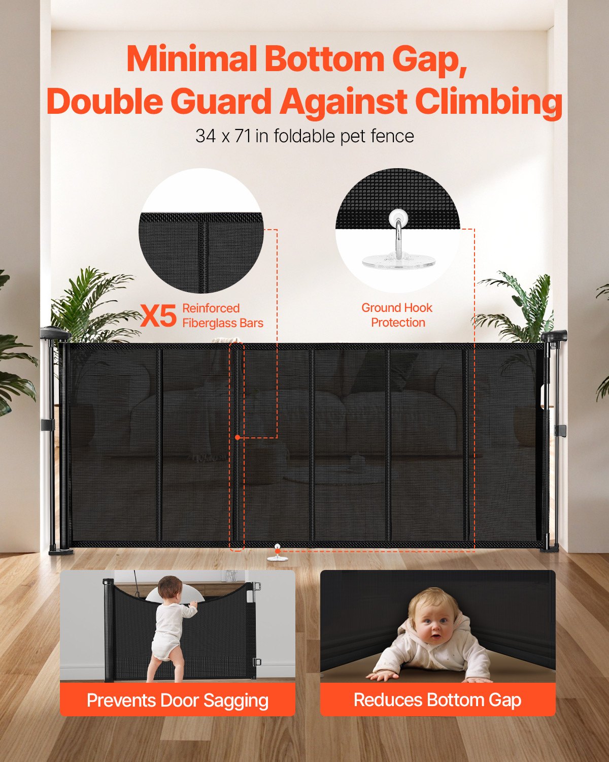 Puerta de seguridad retraible 86 cm de alto que se extiende hasta 180 cm ancho para niños o mascotas negro — imagen 2