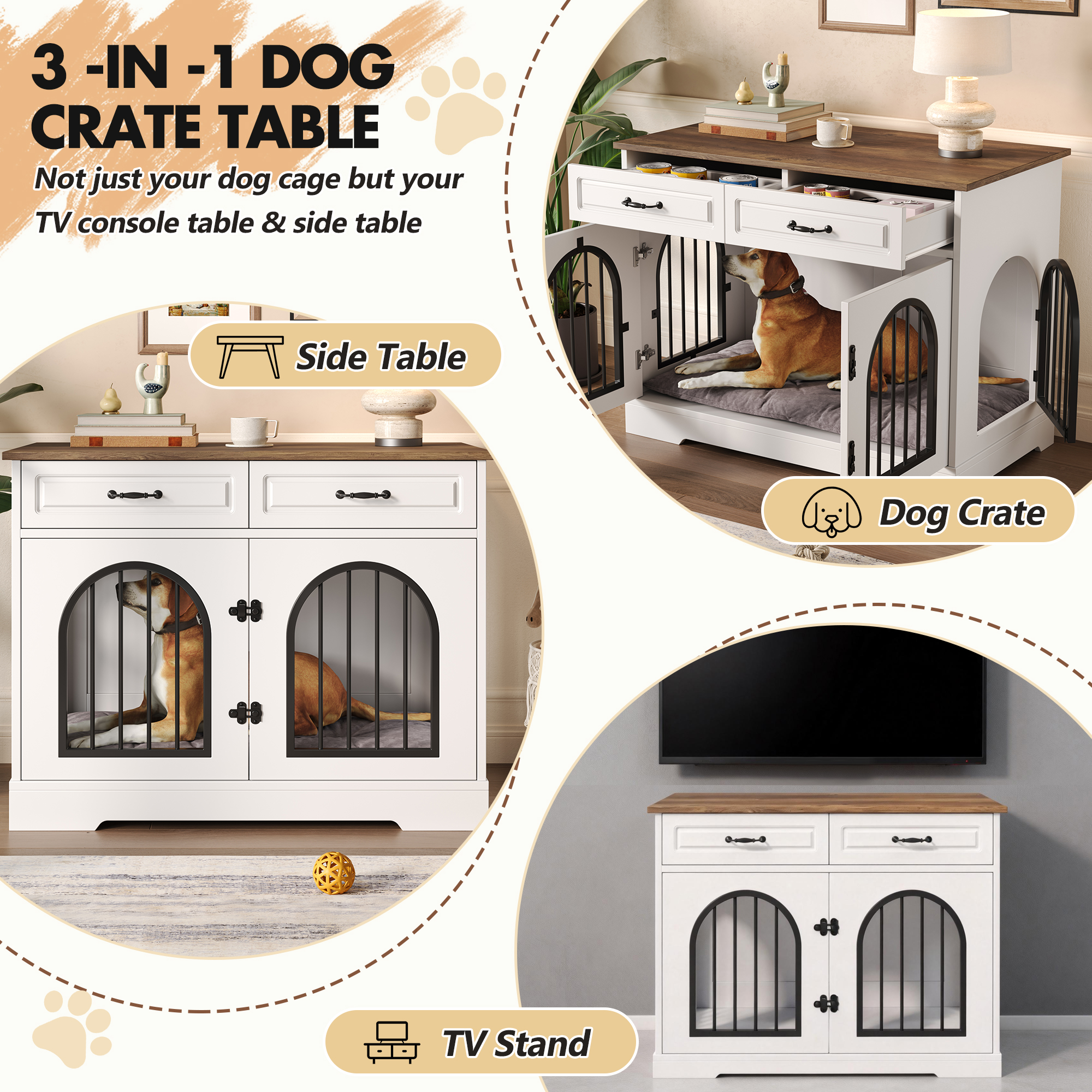 Jaula-Mueble para Perro de 43.3", Caseta Interior Resistente para Perro con 2 Gavetas de Almacenamiento, Jaula para Perro con Puertas Laterales Para Perros Medianos y Grandes, Mesa Auxiliar-Jaula, Blanco y Marrón — imagen 5