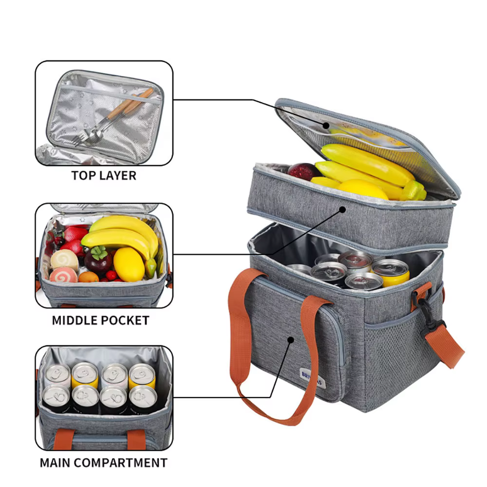 Double Deck Insulated Lunch Bag Large Capacity Leakproof Cooler Tote Thermal Food Storage Bag for Work Camping Travel — image 2