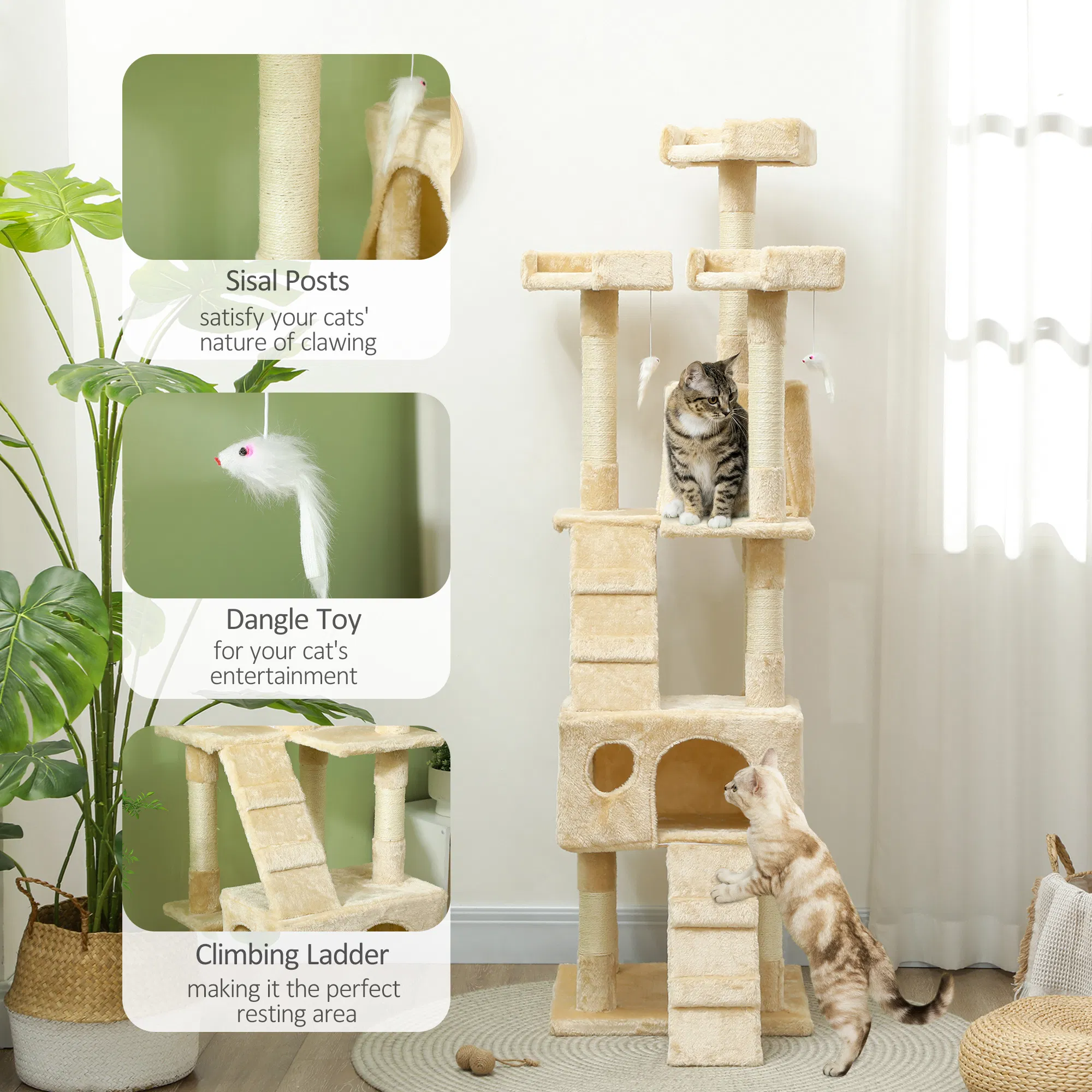 68-inch Multi-Level Cat Scratching Tree Kitty Activity Center Post Tower Condo Pet Furniture w/ Toy Beige — image 5
