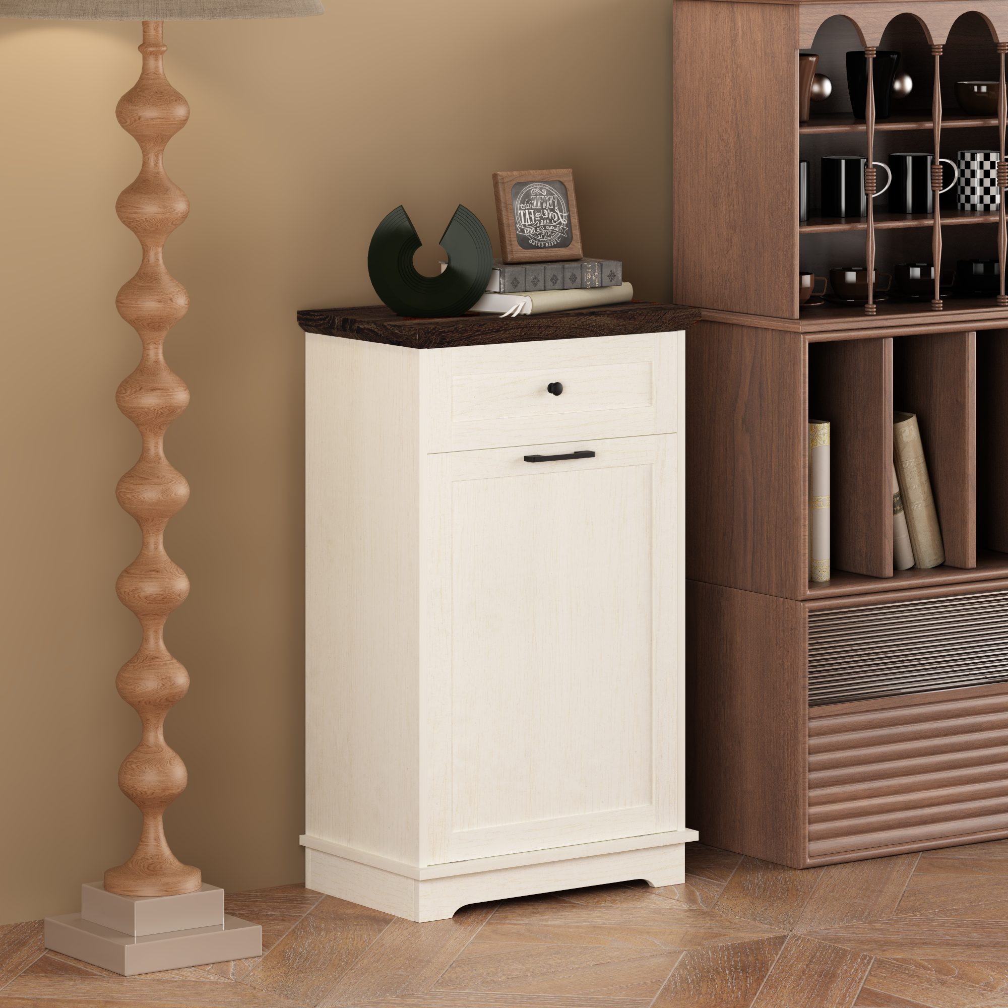 Mueble Basculante para Basurero de 10 Galones, Mueble Independiente para Bote de Basura, Mueble de Madera para Basura y Reciclaje con Cajón, a Prueba de Mascotas, para Cocina y Sala de Estar, Blanco Antiguo (No Incluye el Bote de Basura) — imagen 2