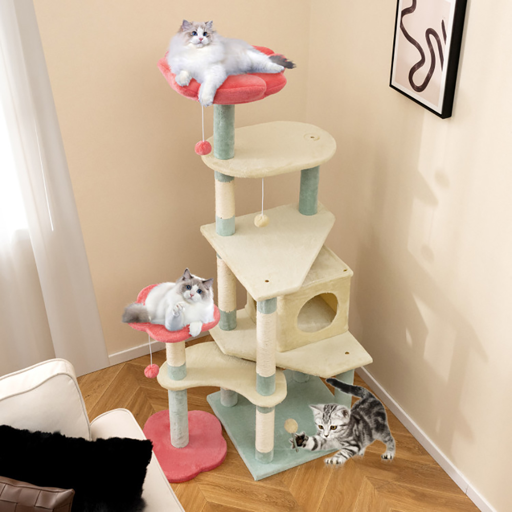 Torre de Gatos Multinivel con Estilo Floral y Perchas Acabadas con Flores — imagen 9