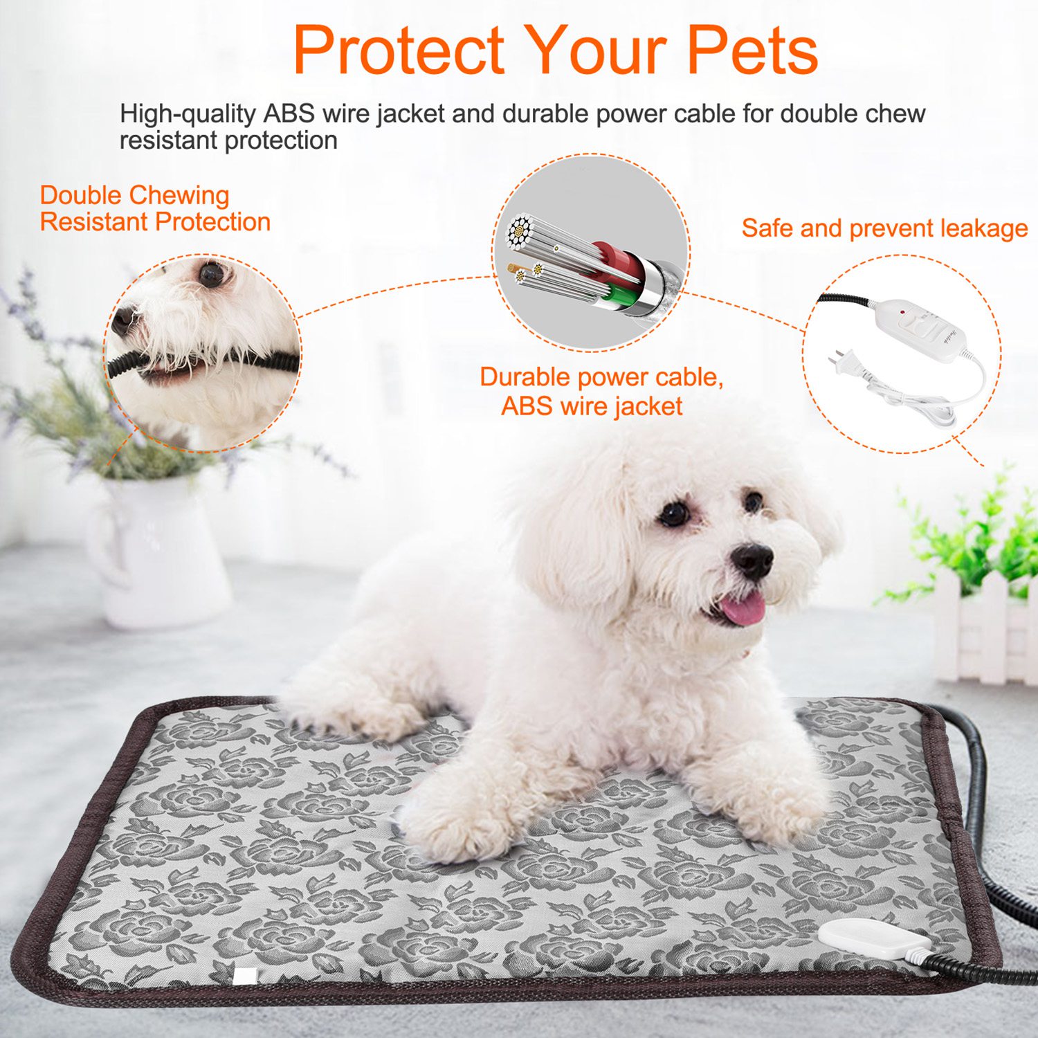 Pet Heating Pad Dog Cat Electric Heating Mat Waterproof Adjustable Warming Blanket With Chew Resistant Steel Cord Case — image 6
