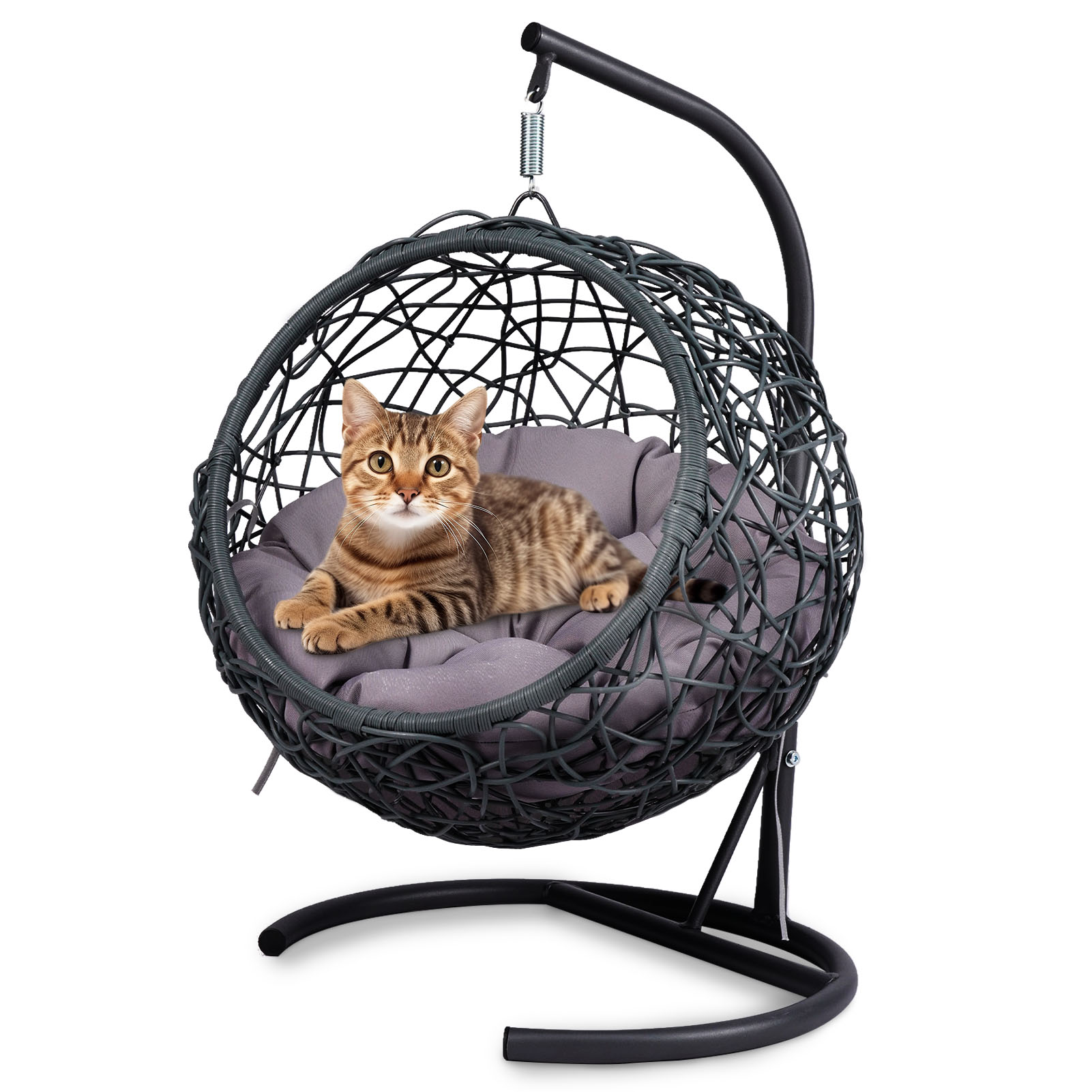 Cama de Colgar para Gatos con Soporte y Almohada, Silla de Huevo en Madera de Caña con Apariencia de Rattán, para Gatos, Pequeños Perros y Animales Pequeños. Gris. — imagen 5