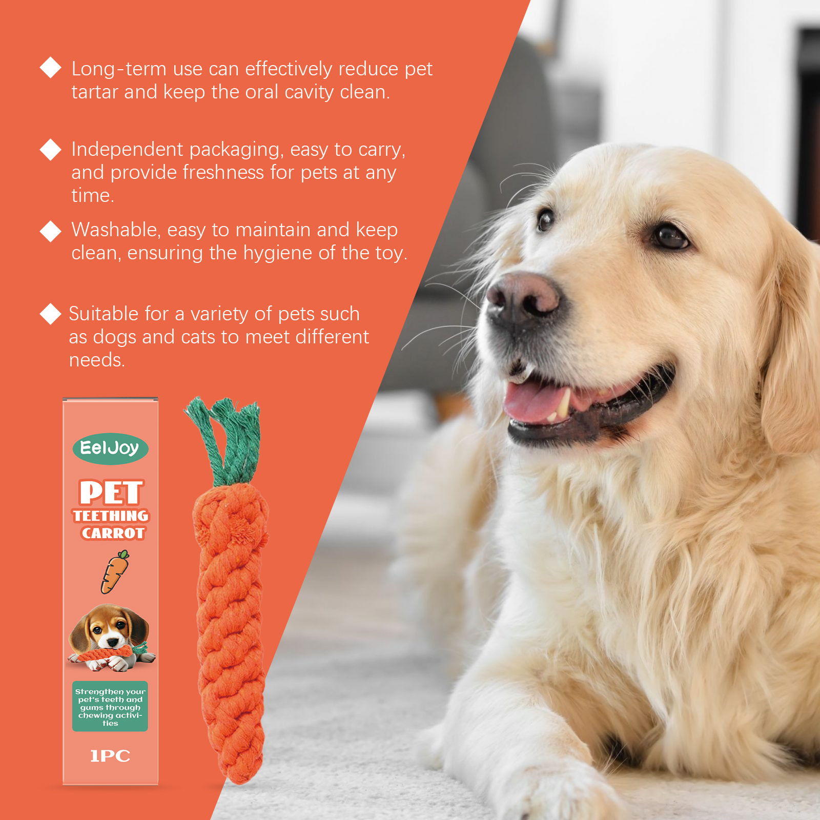 Cotton Rope Carrot Dog Teething Toy, Durable Chew Toy For Puppy Teeth Cleaning & Gum Massage — image 2
