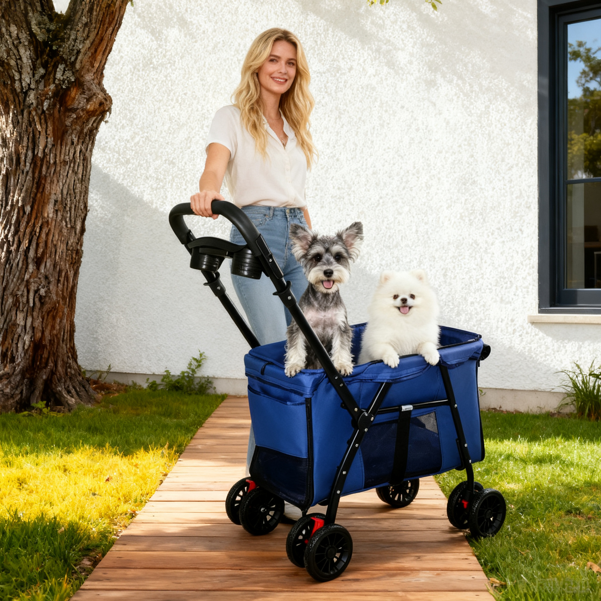 Pet Stroller, Foldable 4-Wheel Design, Breathable Mesh Dog Cat Stroller with Shockproof Wheels, Brake System, Storage Tray, 2 Fixed Safety Leashes, Large Space for Small Medium Pets, Navy Blue — image 5