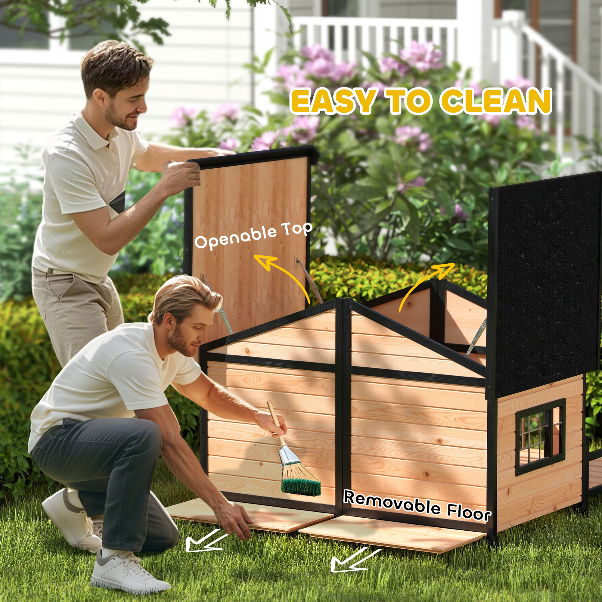 Dog House Outdoor, Wooden Dog Kennel Weatherproof with Porch, Openable Roof, Removable Bottom, Elevated Floor, Double Room for 2 Small to Medium Breeds, Natural — image 2