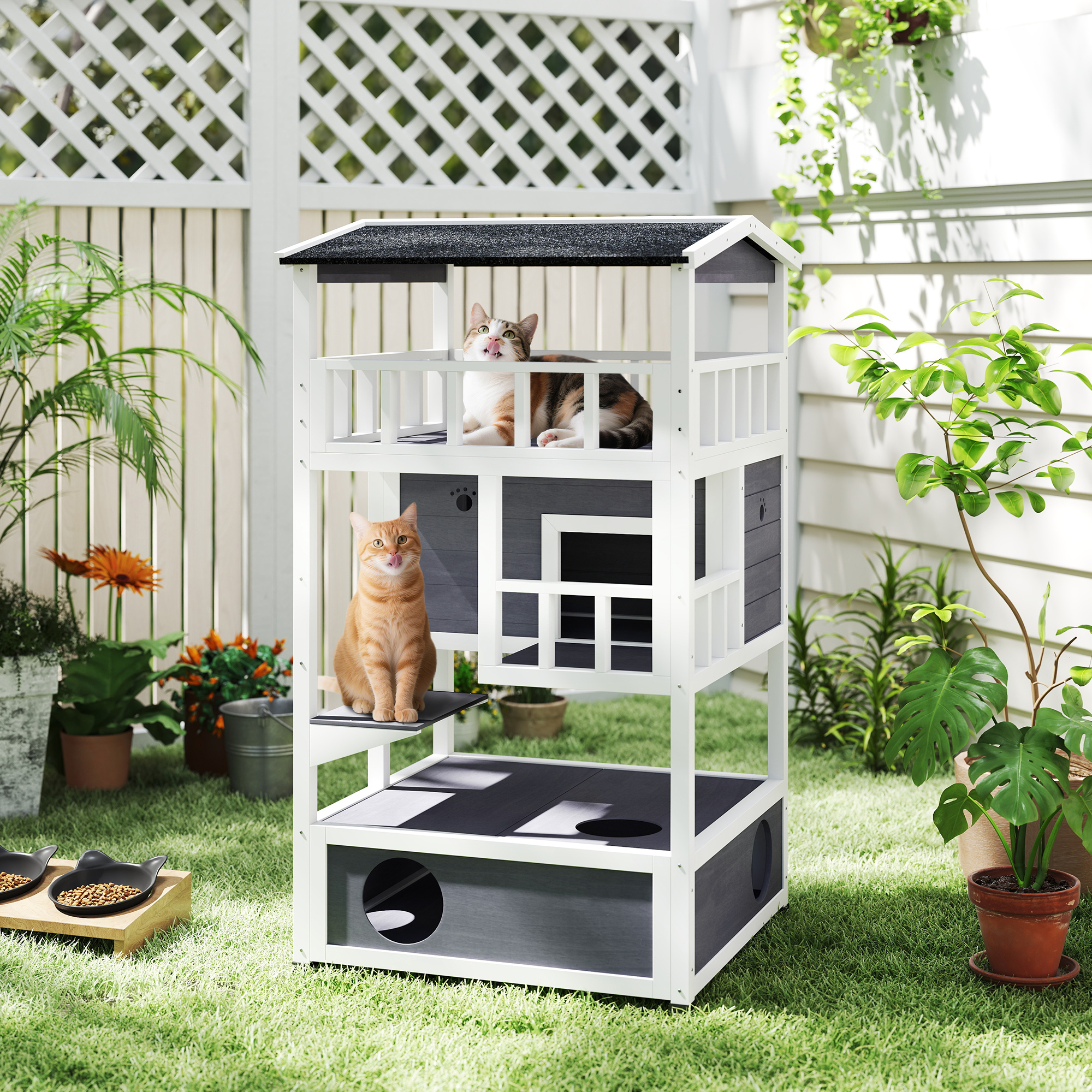 Wooden Outdoor Cat House, Feral Cat Shelter Kitten Condo with Asphalt Roof, Escape Doors, Condo, Jumping Platform, Gray — imagen 7