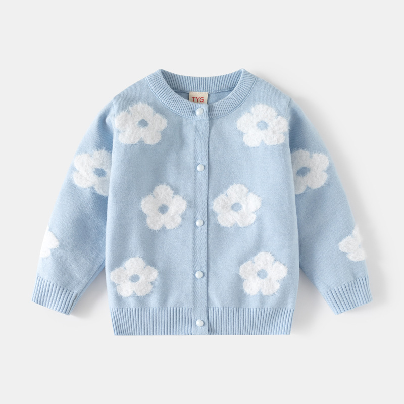 Girls Floral Print Knit Cardigan, Soft Faux Mink Sweater, Single Layer Button Front Top — image 2