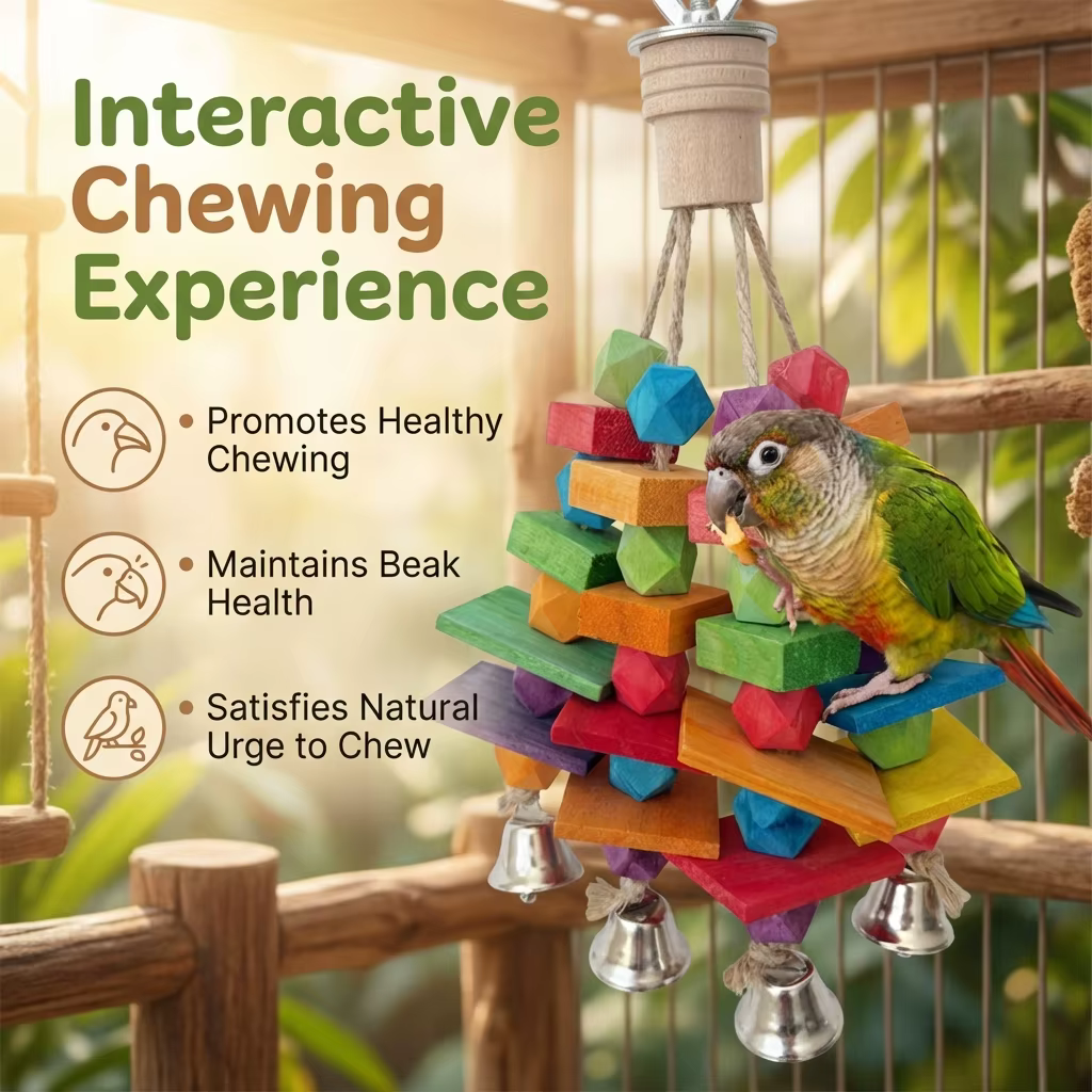 Parrot Toy with Rainbow Blocks and Bell Natural Wood Chew Toy for Small to Medium Birds Interactive Entertainment for Pet Birds — image 4