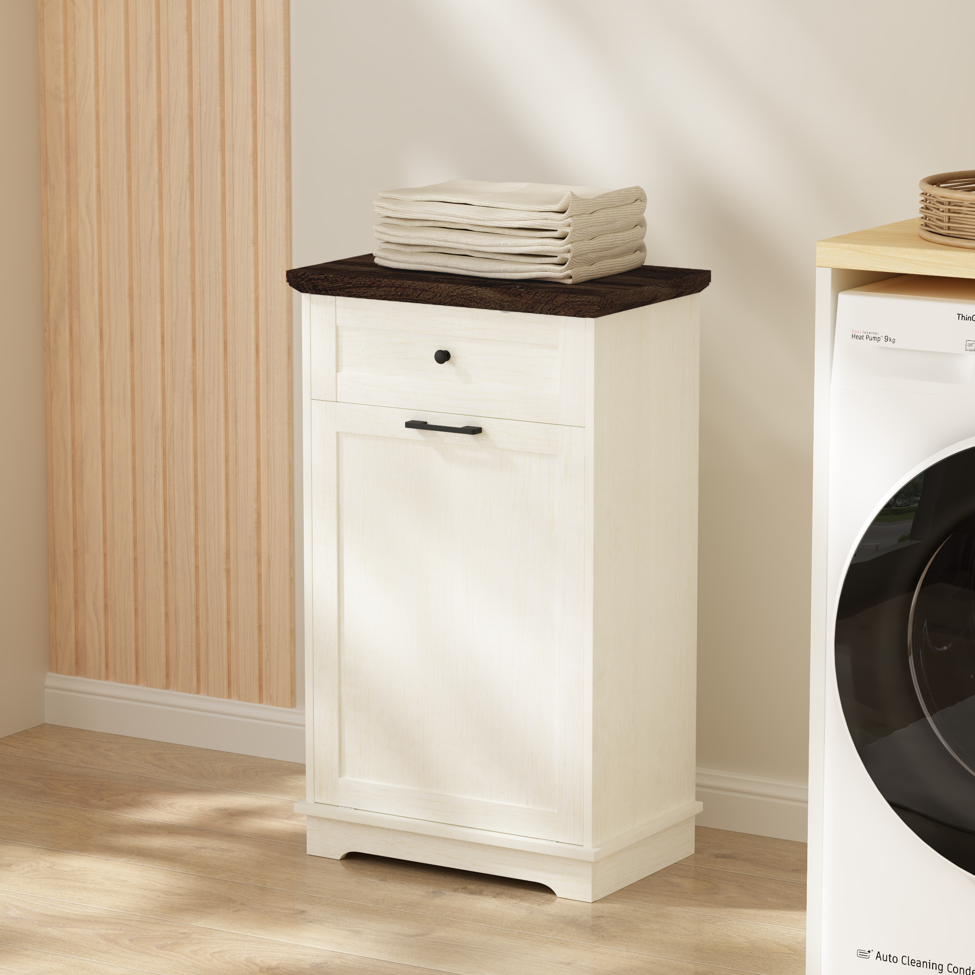 Mueble Basculante para Basurero de 10 Galones, Mueble Independiente para Bote de Basura, Mueble de Madera para Basura y Reciclaje con Cajón, a Prueba de Mascotas, para Cocina y Sala de Estar, Blanco Antiguo (No Incluye el Bote de Basura) — imagen 33