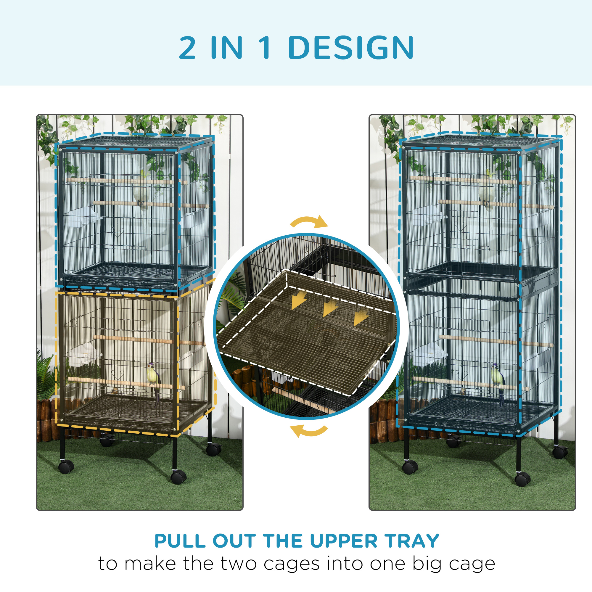 55" 2 In 1 Bird Cage Aviary Parakeet House for finches, budgies with Wheels, Black — imagen 4