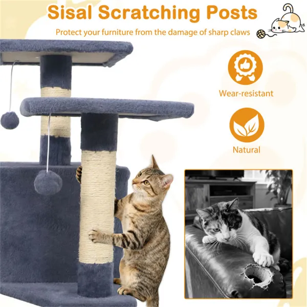 57" Multi-Level Cat Tree For Multi-Cat Households, 2 Condos & Hammock With Sisal Scratching Posts-Gray — image 5