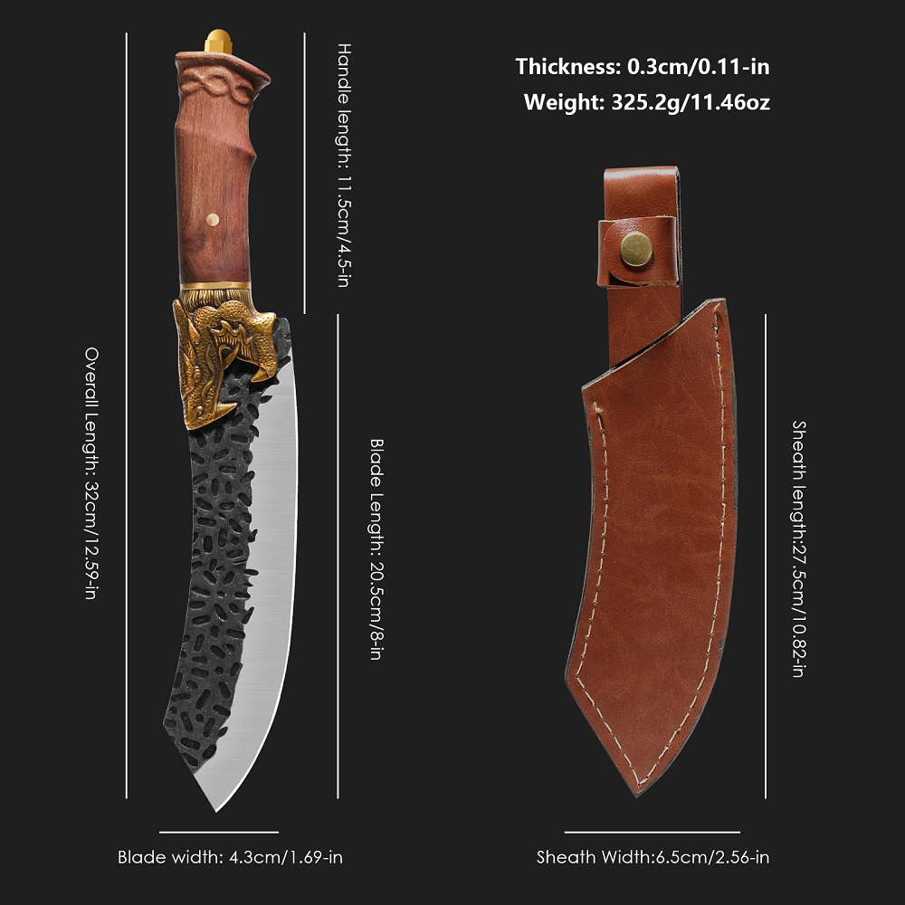 Qulajoy Boning Knife - Hand Forged Camping Knife 7Cr17MOV Blade - Dragon Head Handle And Leather Sheath - Unique Dragon Style - Viking Knife For Hunting & Camping — image 4