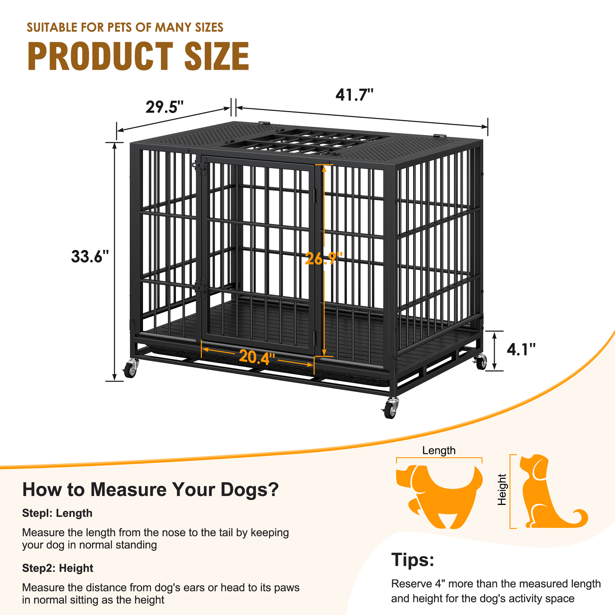 Heavy Duty Dog Crate, Mobile Pet Kennel with Lockable Wheels & Rotary Twist-Latch, Indoor Outdoor Metal Cage with Perforated Top — image 8