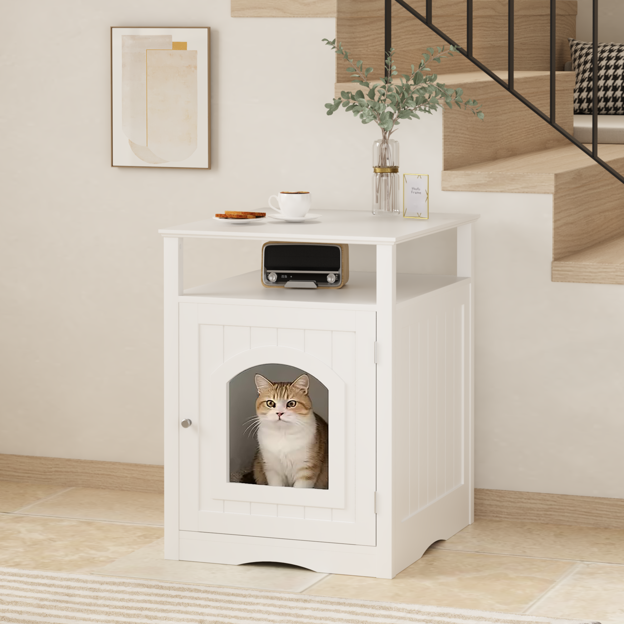 Cat Litter Box Enclosure Furniture, Indoor Wooden Cat House With Enclosed Cabinet, Hidden Litter Box Furniture With Storage Shelf, Modern Cat Condo Side Table For Living Room Or Bedroom White — image 2