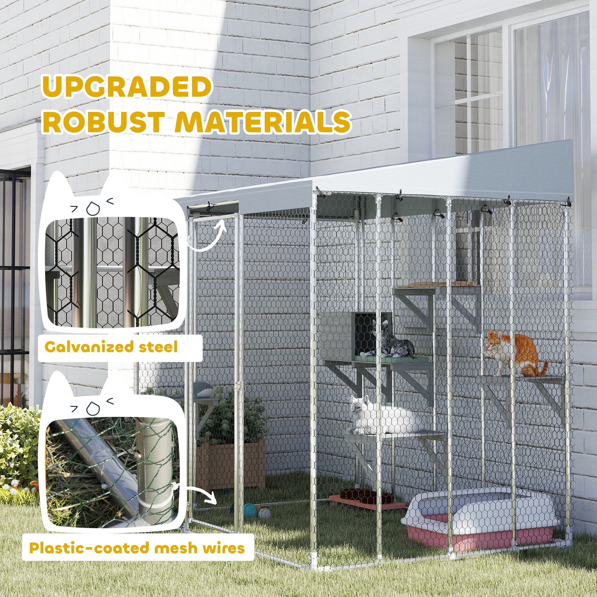 Catio Grande de Acero Galvanizado de 79" con Tejado Impermeable, Box de Descanso y Plataformas para Saltar, para 1-3 Gatos, Plateado — imagen 4