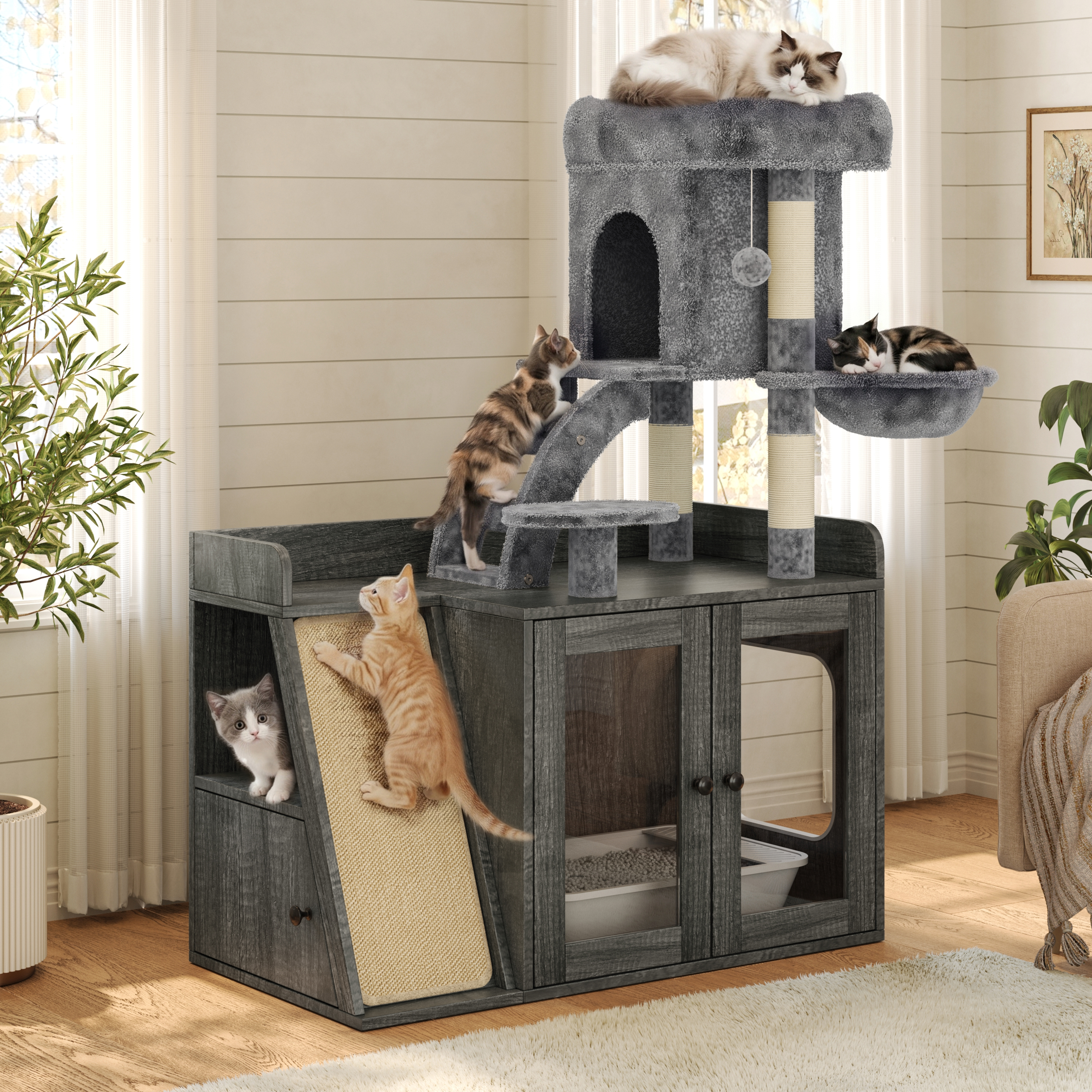 Caja de Arena Encerrada con Árbol para Gatos, Arena Oculta con LED, Tablero de Escarificado de Sisal y Espacio de Almacenamiento, Mueble Modular de Caja de Arena con Condominio y Plataforma, Torre Completa para Gatos, Gris — imagen 1