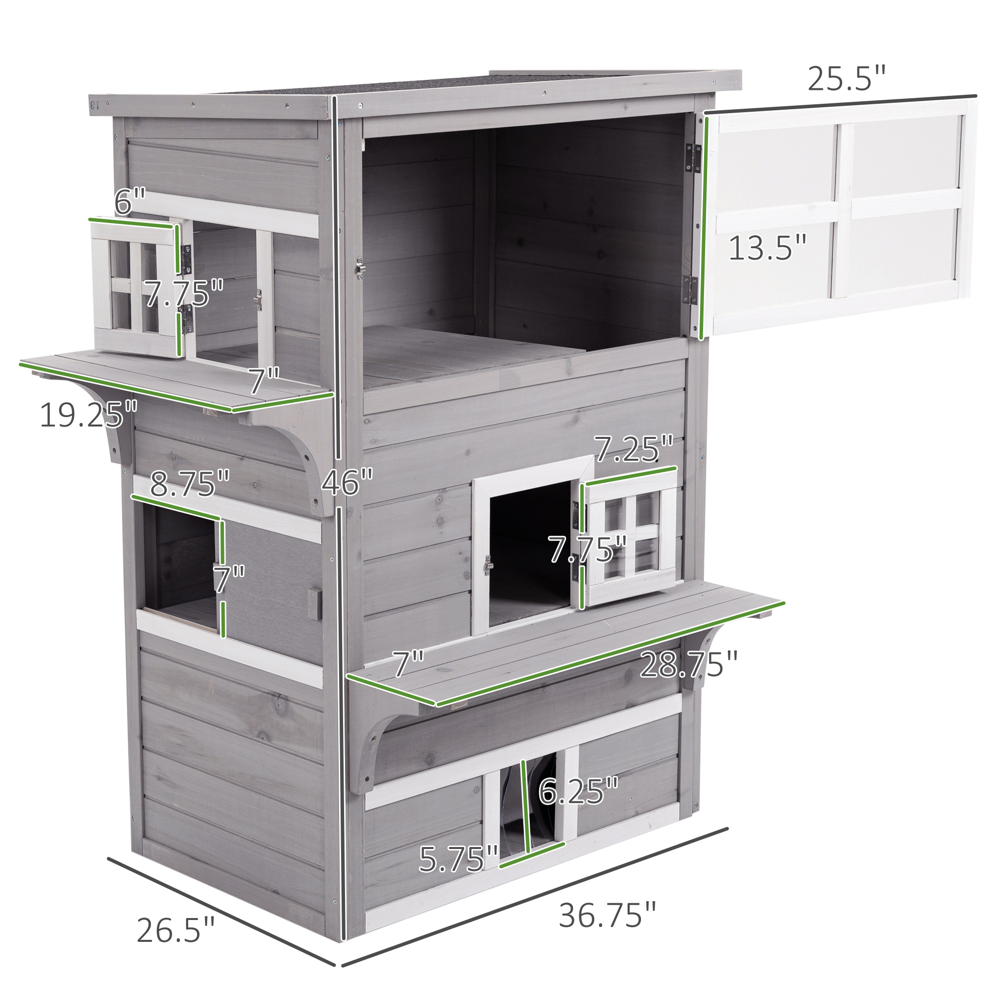 Casa de Jardín para Gatos, 3 Niveles con 5 Puertas de Escape, Resistente al Tiempo, Gris y Blanco — imagen 2