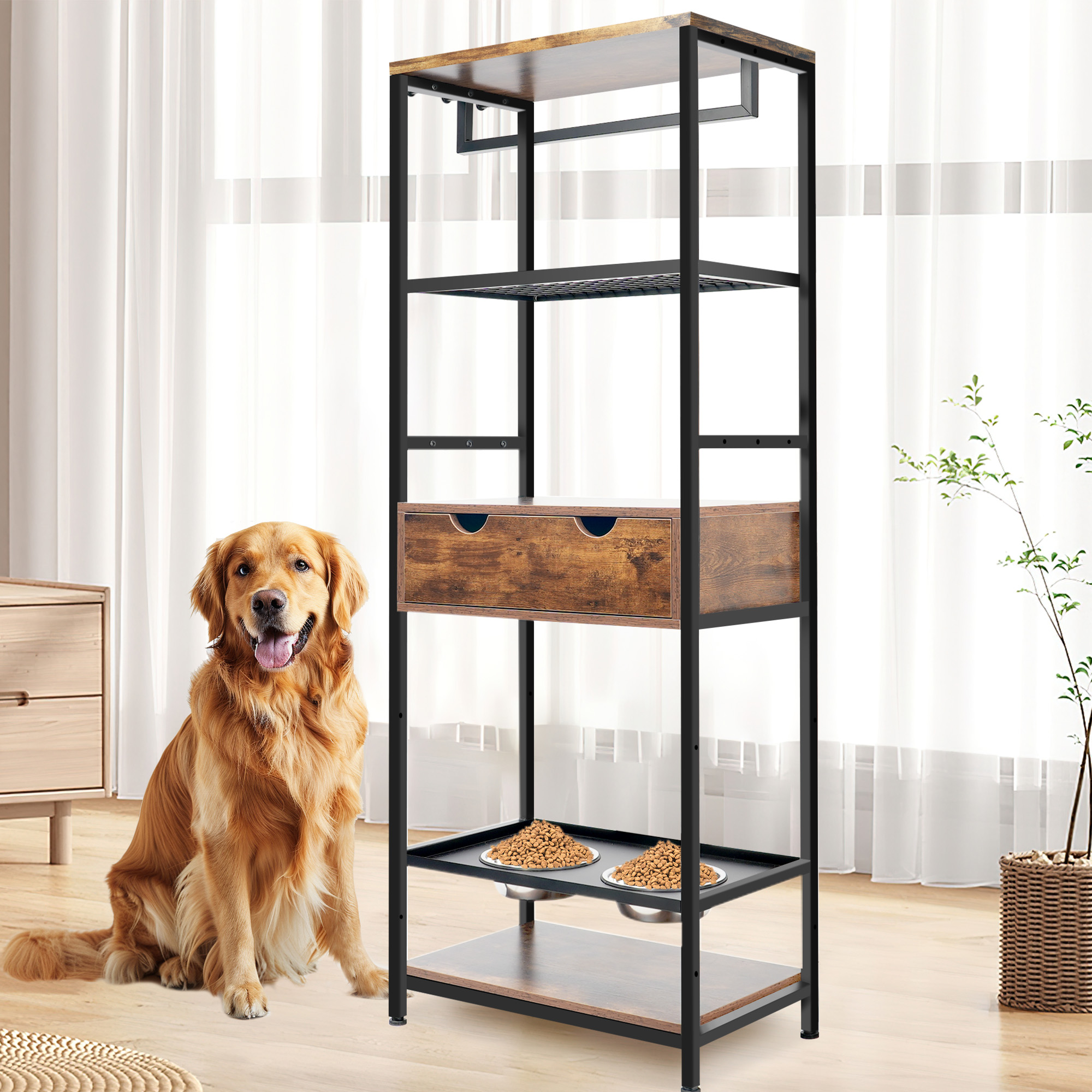 Estación de Alimentación para Perros, 3 Alturas Ajustables de Tazas Elevadas para Perros y Gatos Grandes y Medianos, Almacenamiento con Estantes — imagen 4