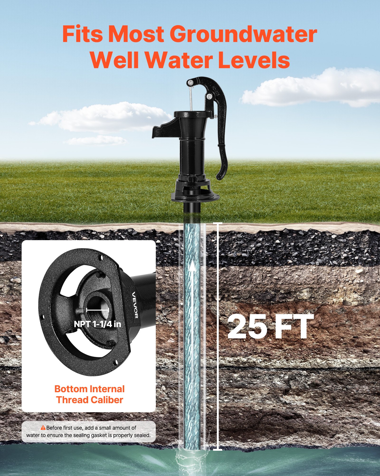 Well Hand Pitcher Pump, 25 Ft Maximum Lift, Antique Cast Iron Manual Hand Water Pump, NPT 1-1/4 In Connection, Easy Installation, Old Fashioned For Outdoor Garden, Pond, Backyard, Farm, Black — imagen 5