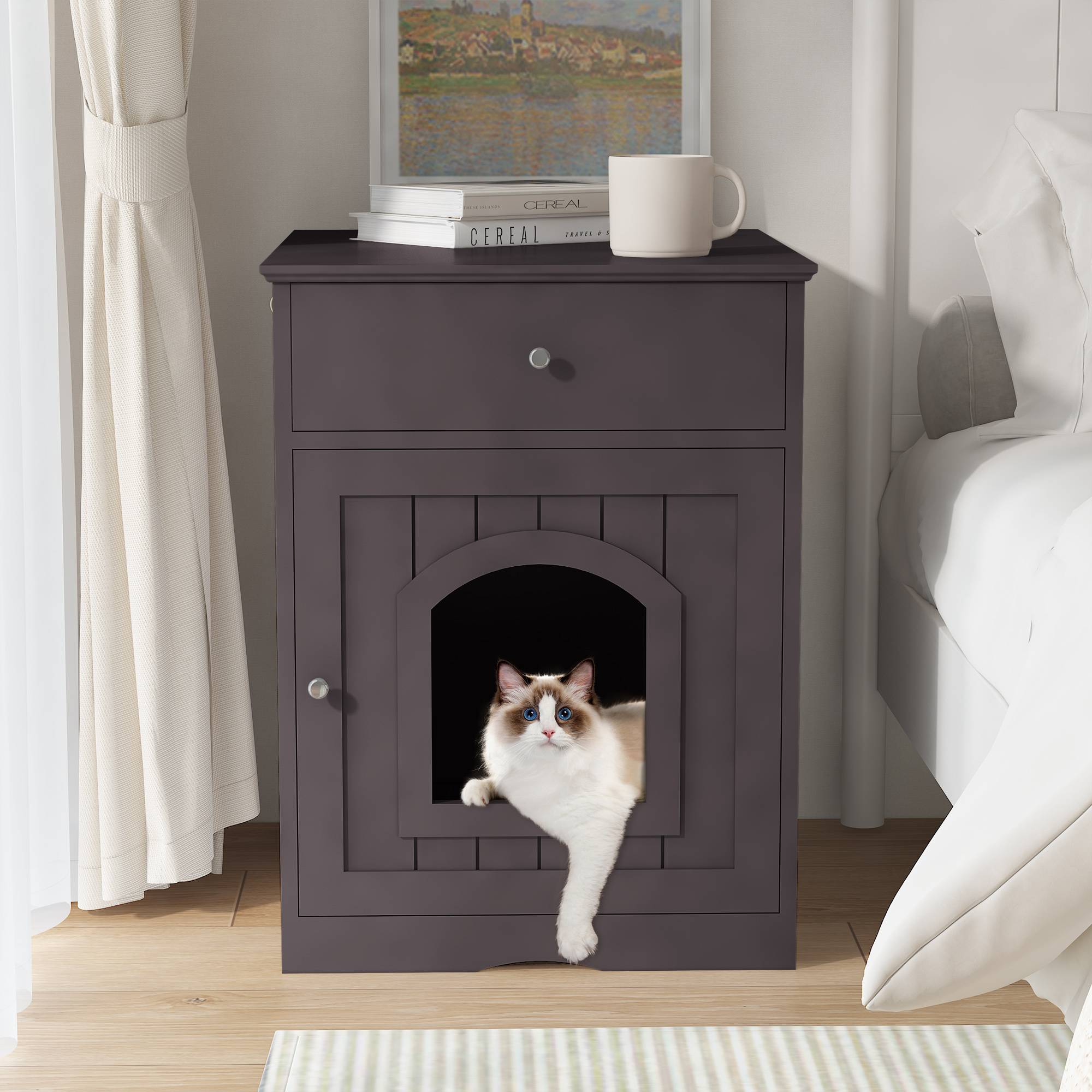 Wooden Pet House Cat Litter Box Enclosure With Drawer, Side Table Indoor Pet Crate — image 4