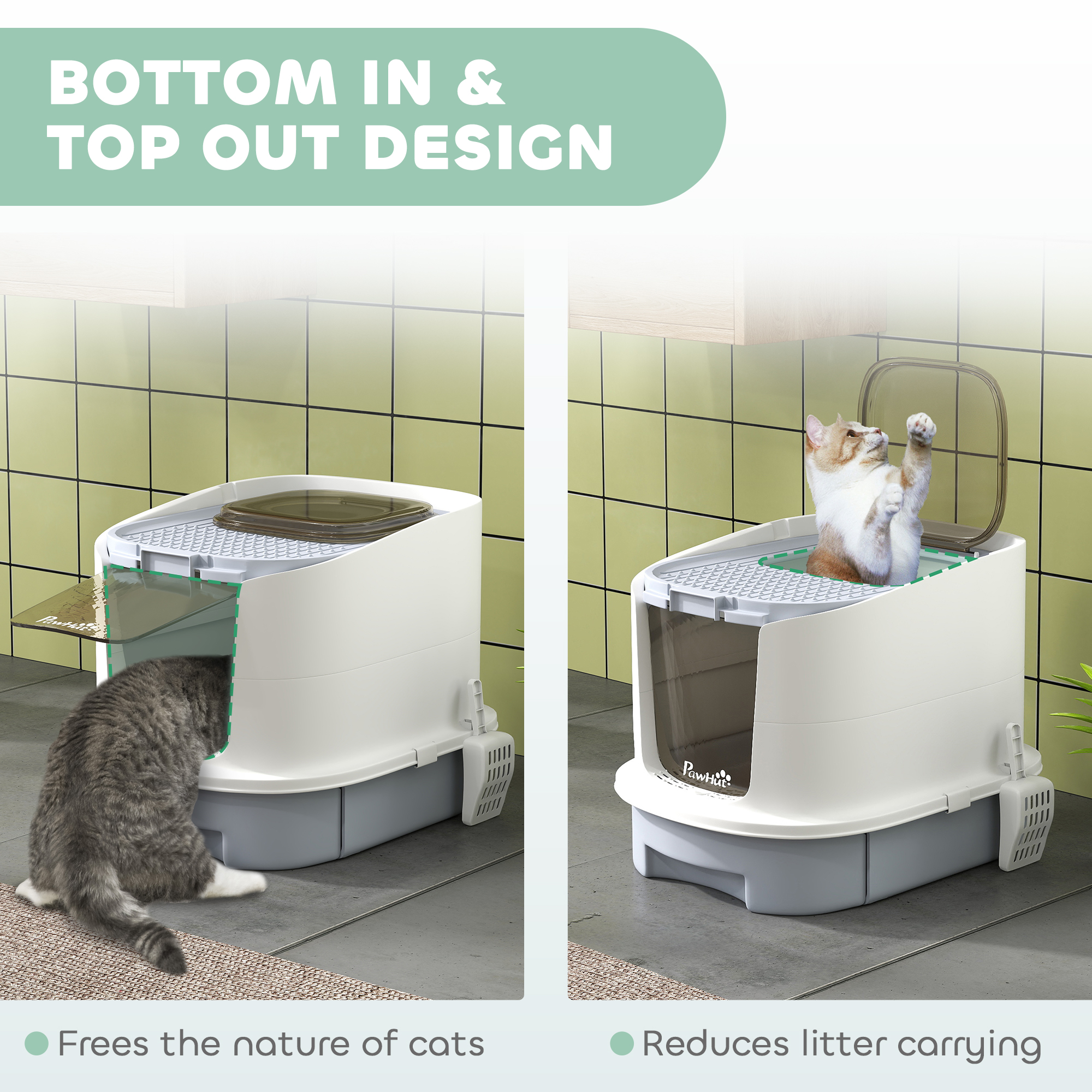 Caja de Arena para Gatos con Cierre, Cajón, Cuchara y Bolsas Desodorizantes, Control de Olor, Fácil de Limpiar, Gris — imagen 8