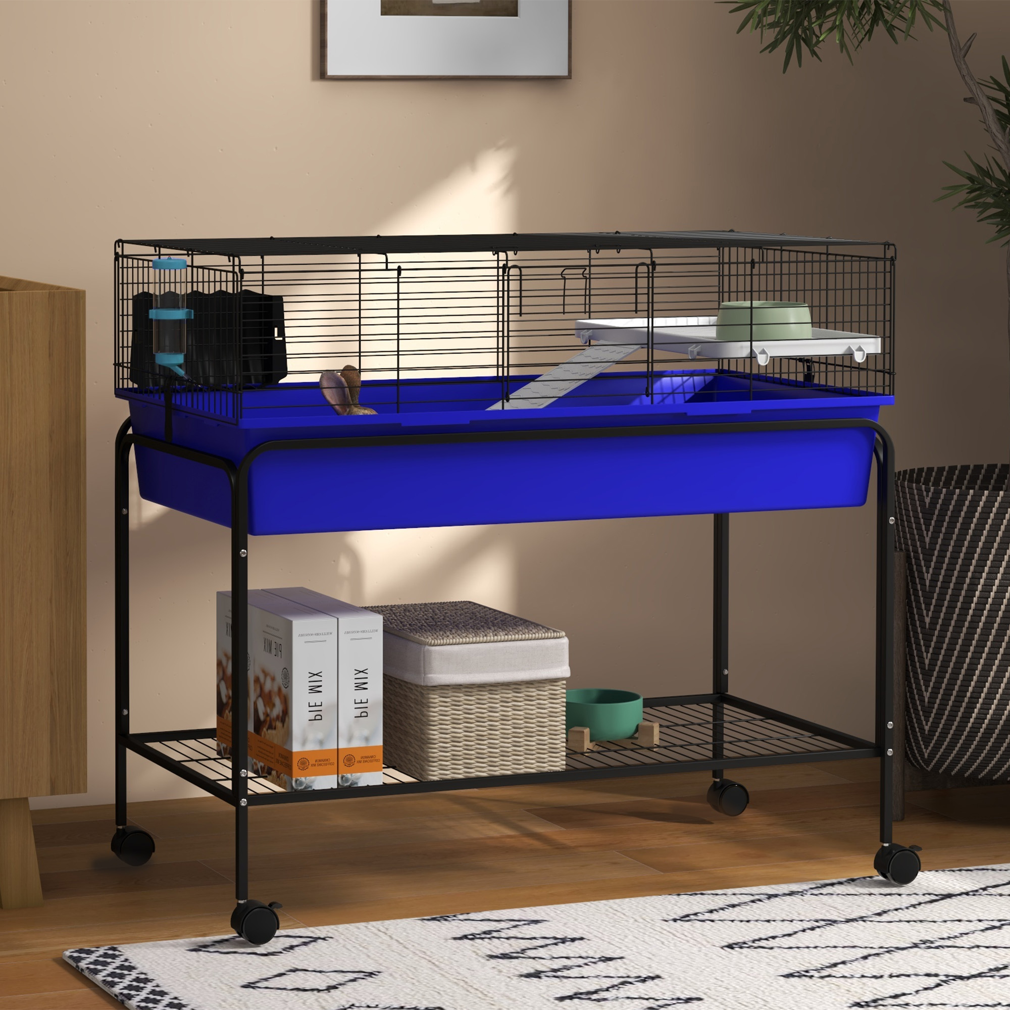 Two-Story Small Animal Cage Removable from Stand, Pet Habitat with Shelf & Wheels, 39" x 20.5" x 36.5", Blue — imagen 1