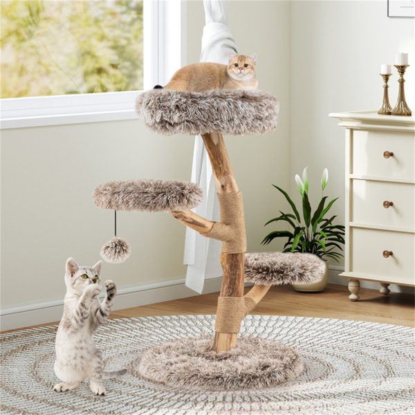 Árbol de Gato Multinivel en Madera de Perejil Natural, Postes de Rasguñado de Sisal, Pelotas Plumas y Tela Larga — imagen 11