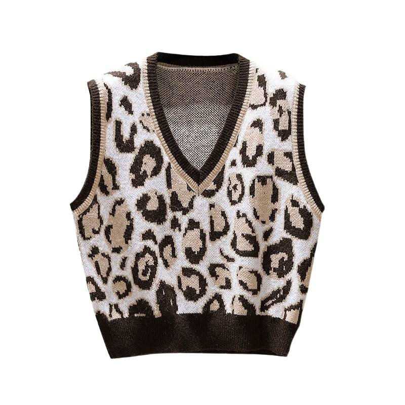 Retro Leopard Print Knit Vest for Women, Loose Outerwear V-Neck Sleeveless Sweater Top — image 1