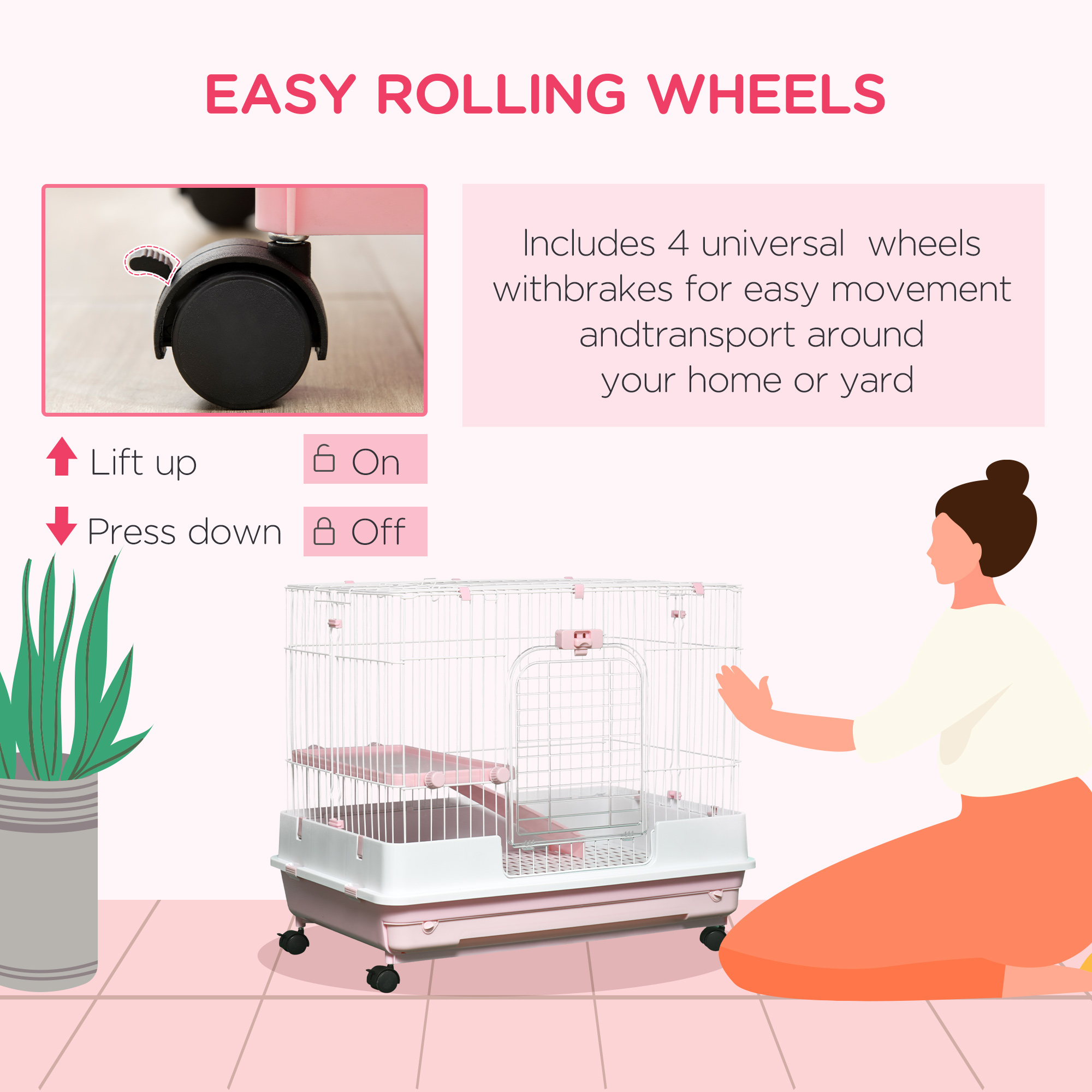 2-Level Small Animal Cage Rabbit Hutch with Wheels, Removable Tray, Platform and Ramp for Bunny, Chinchillas, Ferret, Pink — imagen 7