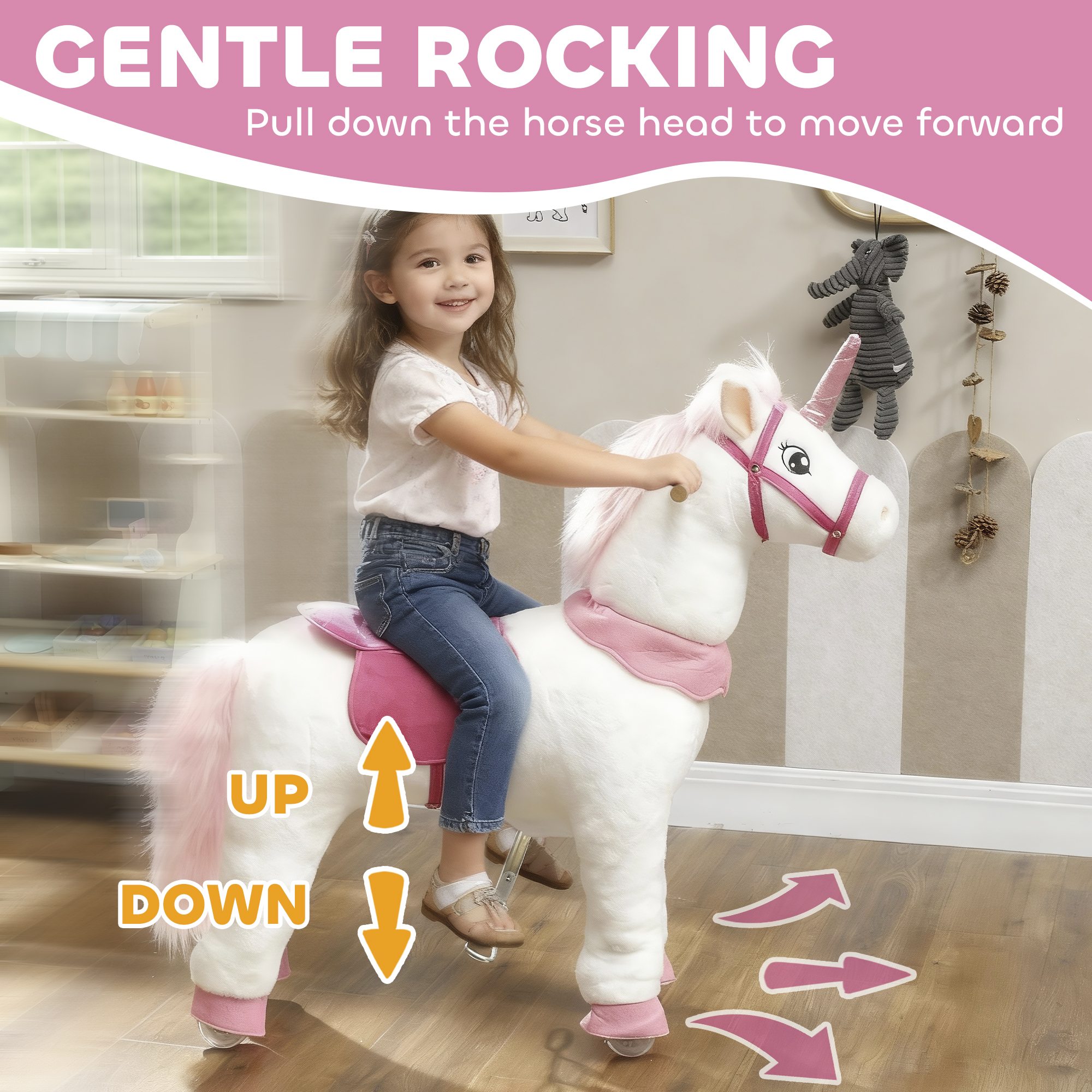 Ride on Unicorn Toy for Kids 4-7 Years, 37.8 Inch Plush Baby Rocking Horse with Wheels, No Battery Required, White — image 3