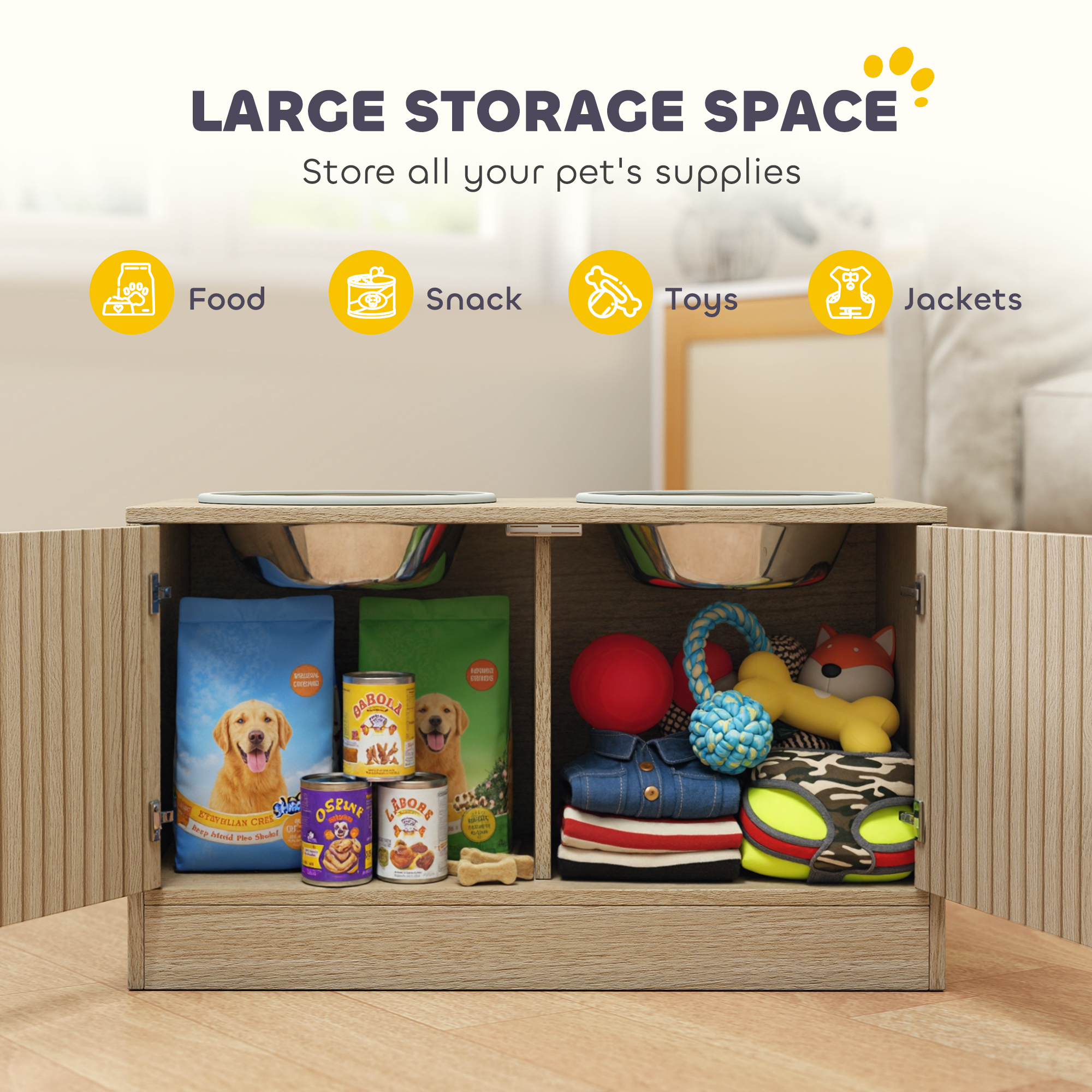 Comedor para Perros Elevado con Almacenamiento, 2 Tazas de Acero Inoxidable, Ralentizador de Comida, Estación de Alimentación para Perros Grandes, Roble — imagen 7