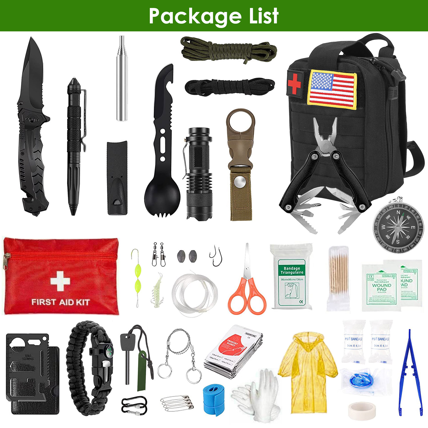 Kit de Supervivencia de Emergencia de 47 Piezas, Equipo EDC de Supervivencia, Herramientas y Suministros de Primeros Auxilios con Estuche para Senderismo, Caza, Desastres y Aventuras de Camping — imagen 4