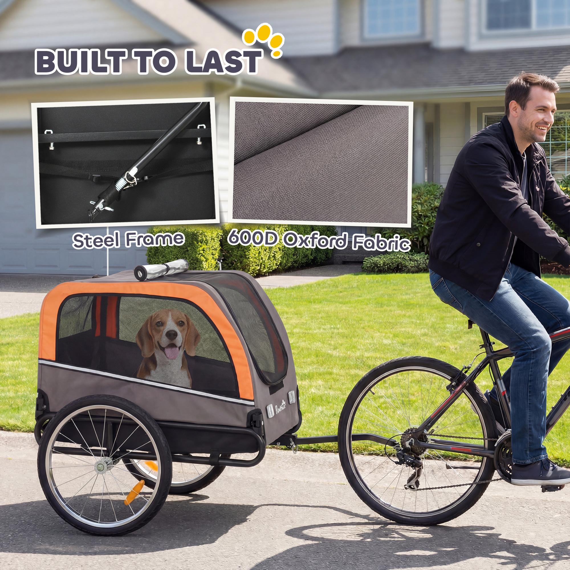 Remolque para Perros de Bicicleta, Carrito de Mascotas con 2 Entradas, Ruedas de Liberación Rápida, Reflectores, Bandera y Cuerda de Seguridad — imagen 5