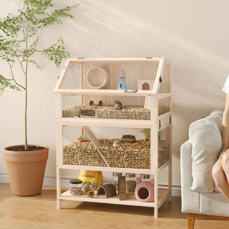 Wooden Hamster Cage With Detachable Lower Floor, Storage Shelf, Hut, Seesaw, Exercise Wheel, Ramps For — imagen 4