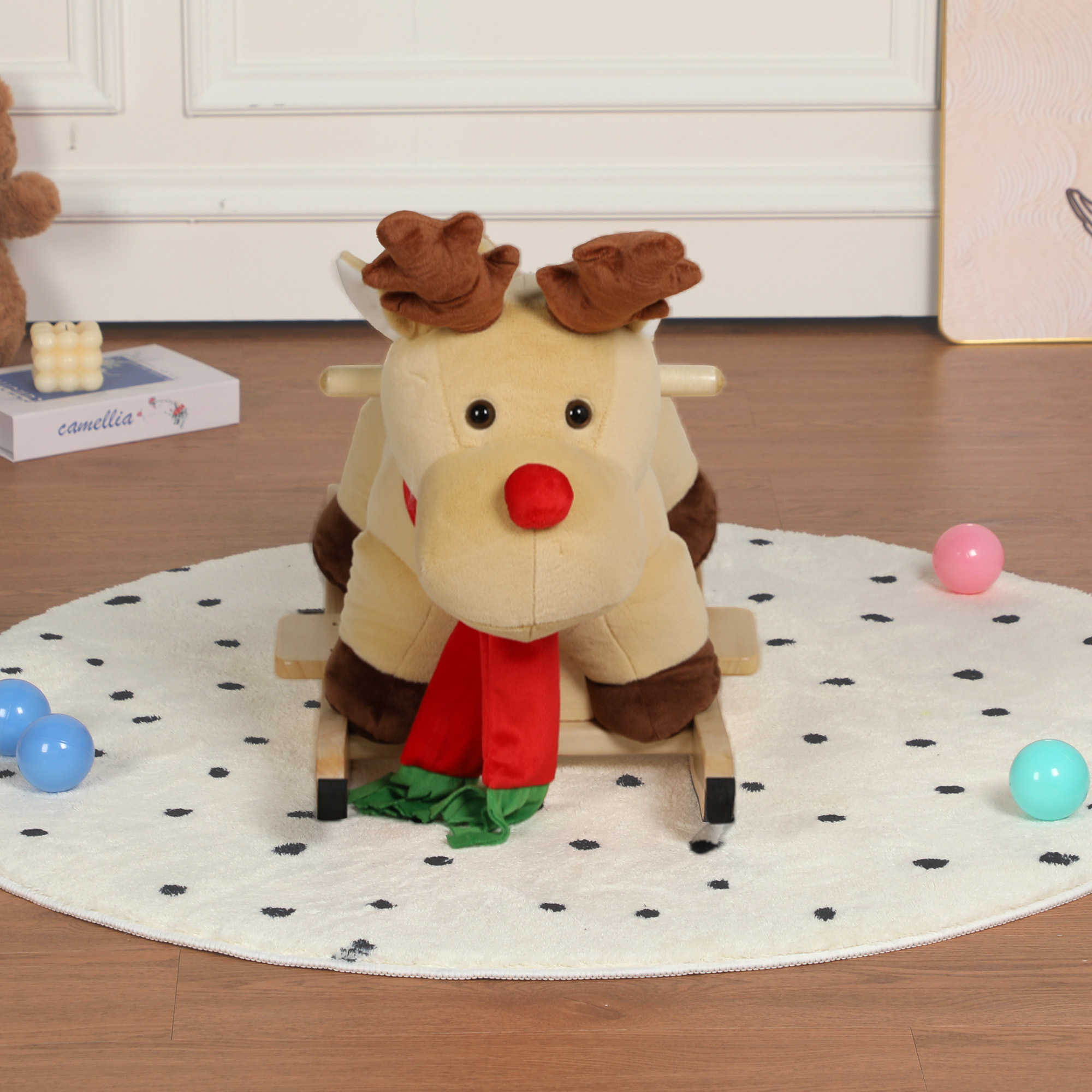 Kids Ride-On Rocking Horse Toy With Lullaby Song, Moose Rocking Toy With Hand Puppets And Safety Belt For Children 1-3 Years, Soft Plush Fabric, Apricot, CPC Certified — image 3